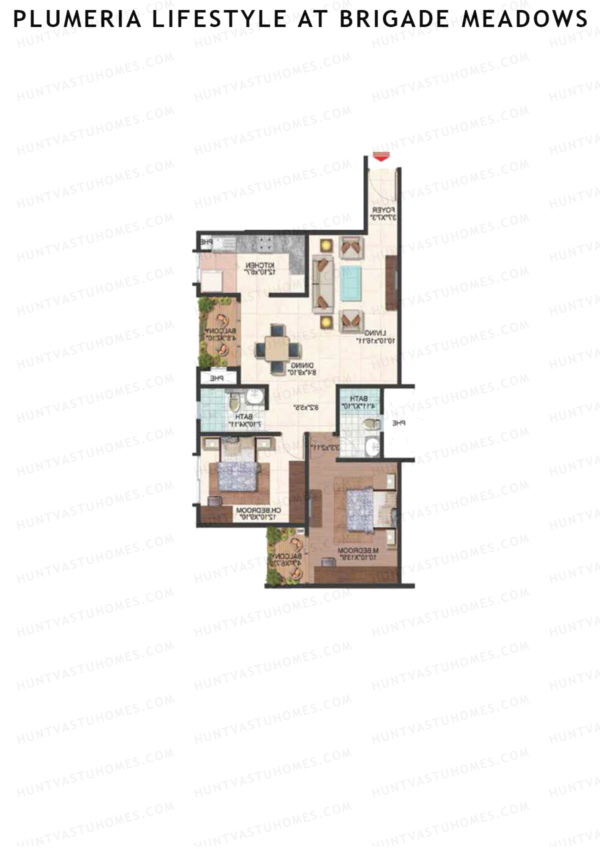 Plumeria Lifestyle At Brigade Meadows, Tower J, Unit 62 , 2BHK, Super Area 1190   sq ft 