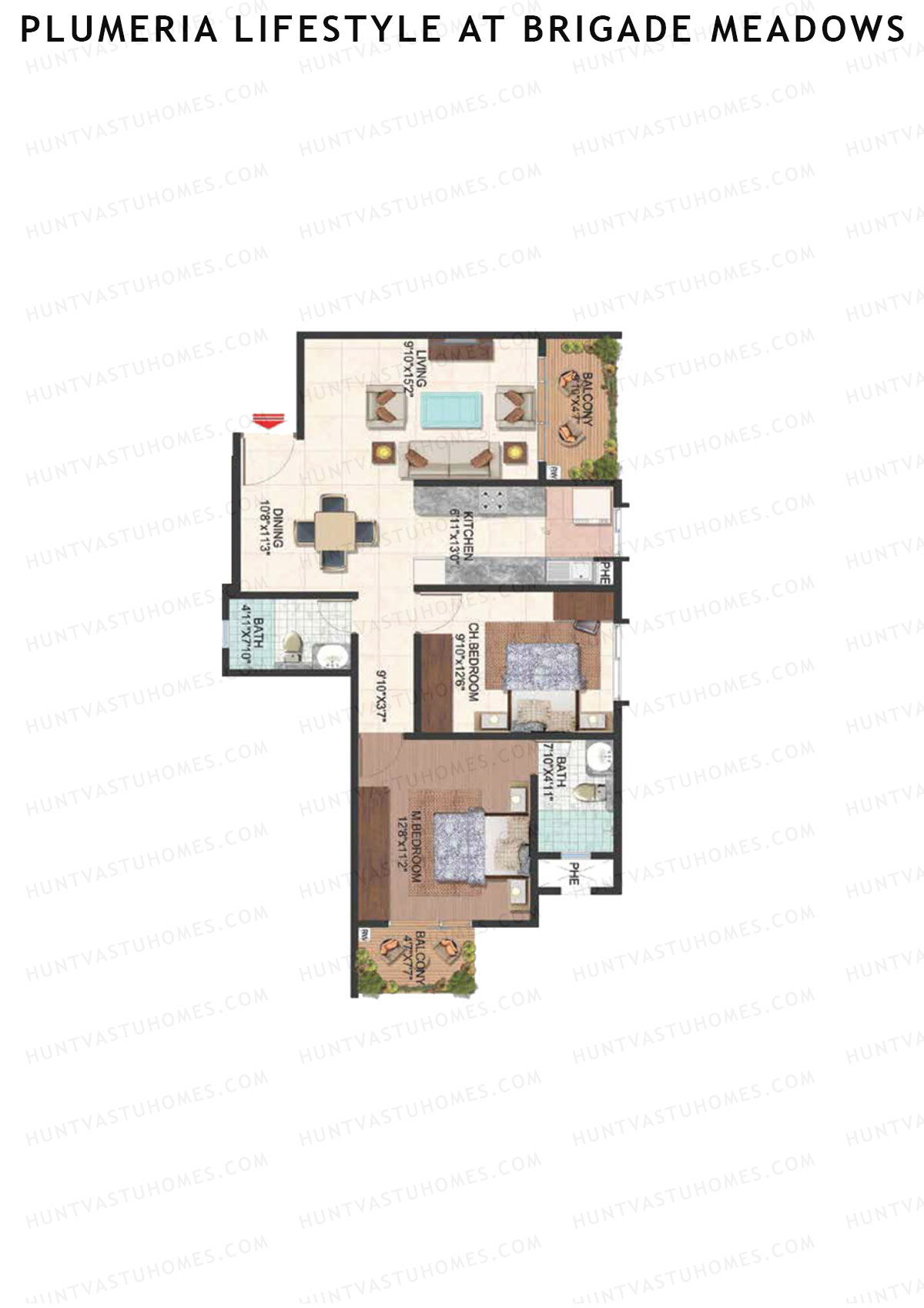 Plumeria Lifestyle At Brigade Meadows, Tower K, Unit 72, 2BHK, Super Area 1110   sq ft 