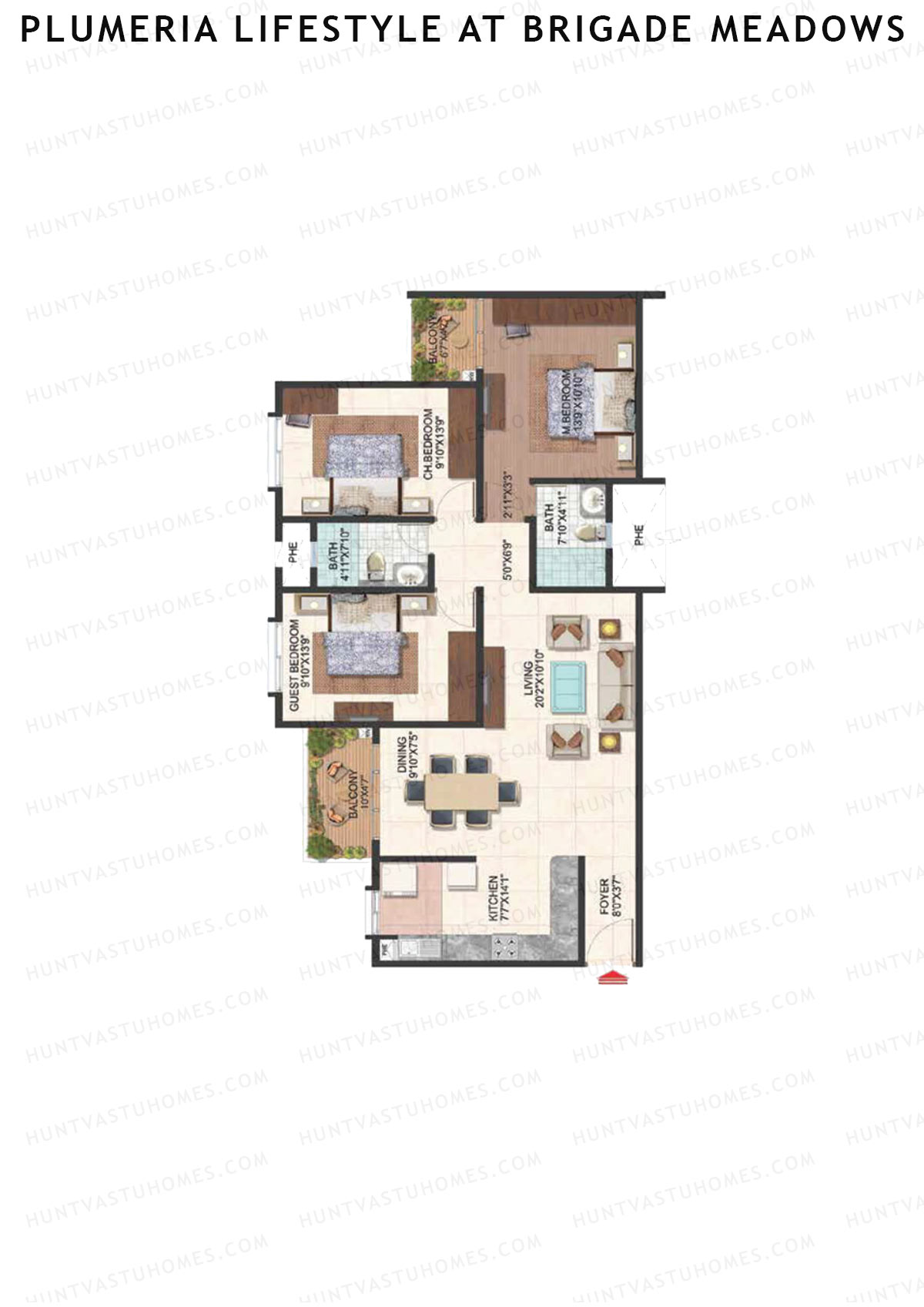Plumeria Lifestyle At Brigade Meadows, Tower L, Unit 75, 3BHK, Super Area 1460   sq ft 