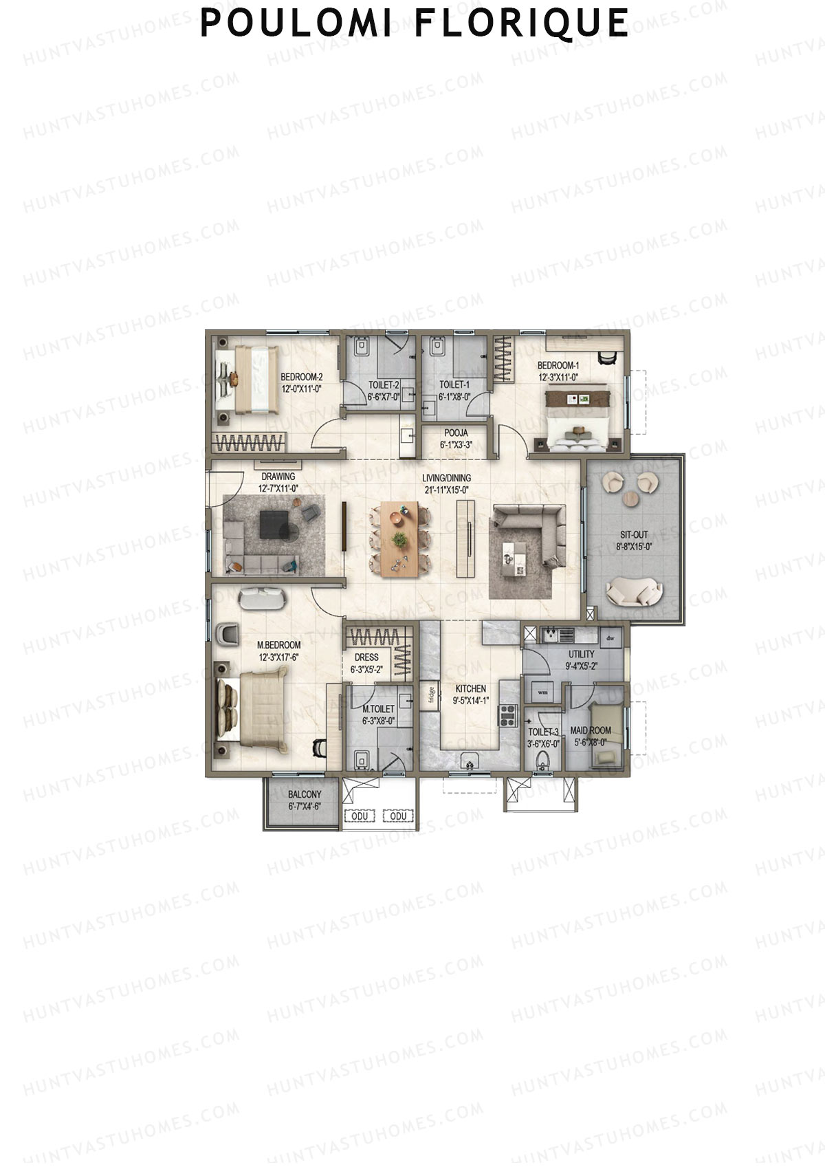 Poulomi Florique, Block A, Unit 6, 3BHK, Super Area 2380   sq ft 