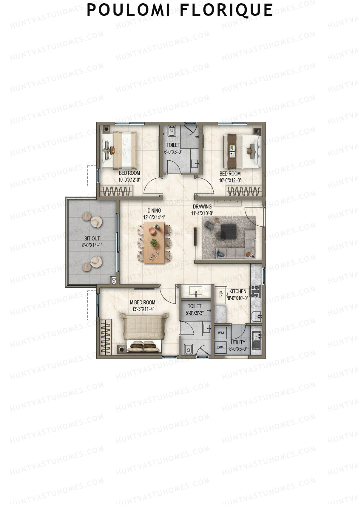 Poulomi Florique, Block B, Unit 5, 3BHK, Super Area 1585   sq ft 