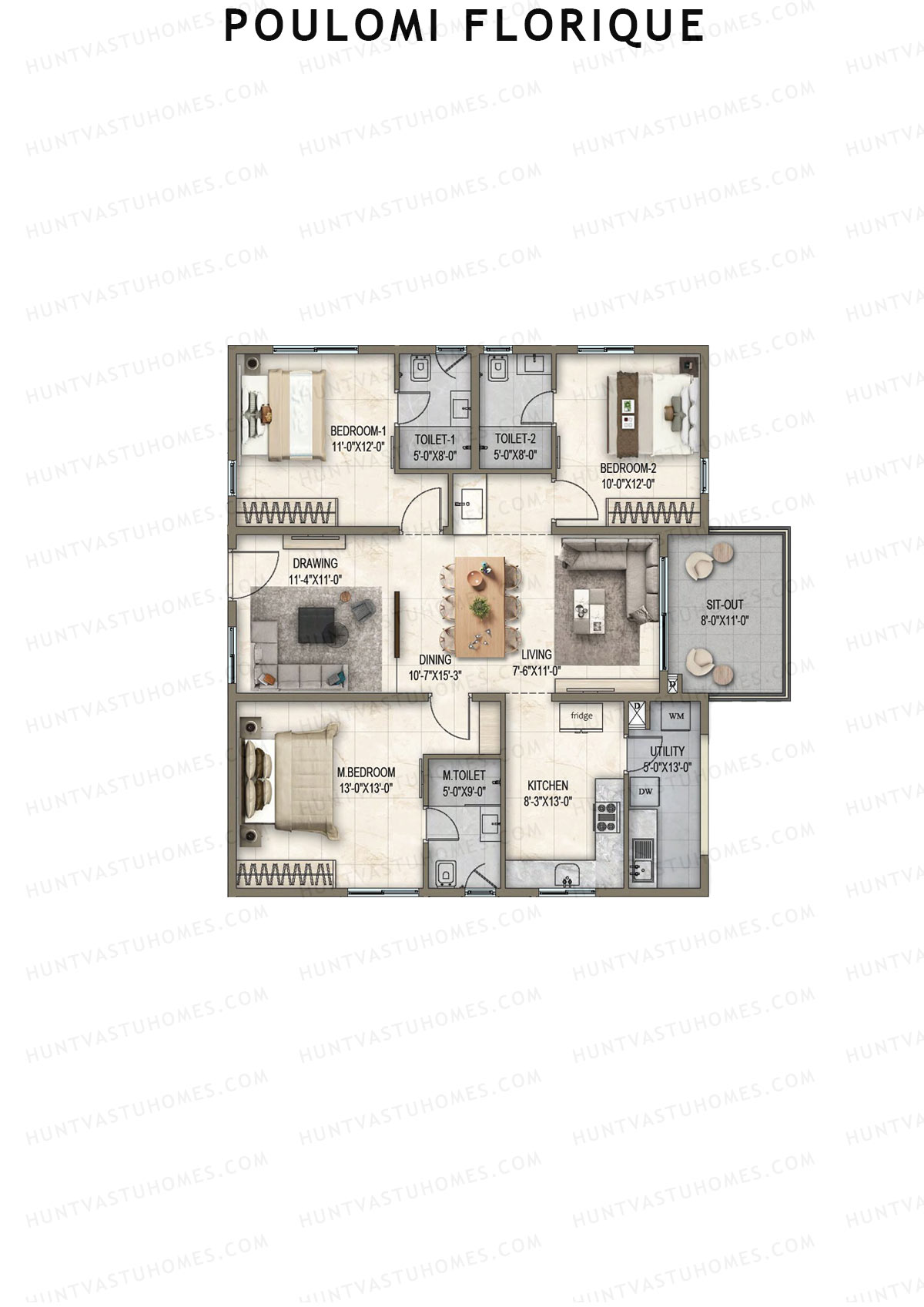 Poulomi Florique, Block B, Unit 6, 3BHK, Super Area 1780   sq ft 