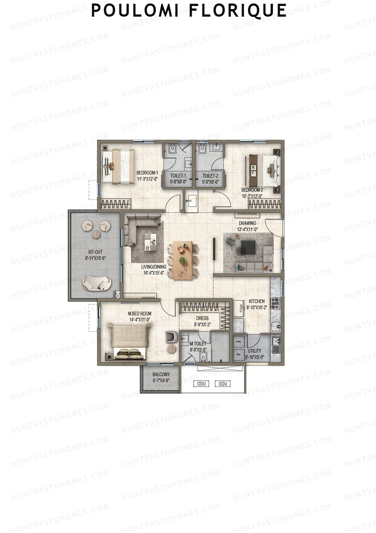 Poulomi Florique, Block B, Unit 7, 3BHK, Super Area 2030   sq ft 