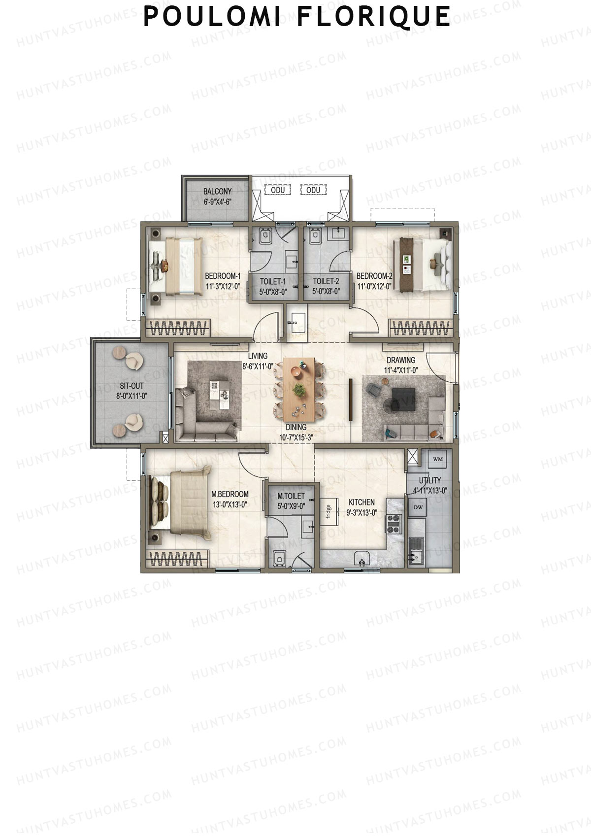 Poulomi Florique, Block C, Unit 1, 3BHK, Super Area 1905   sq ft 