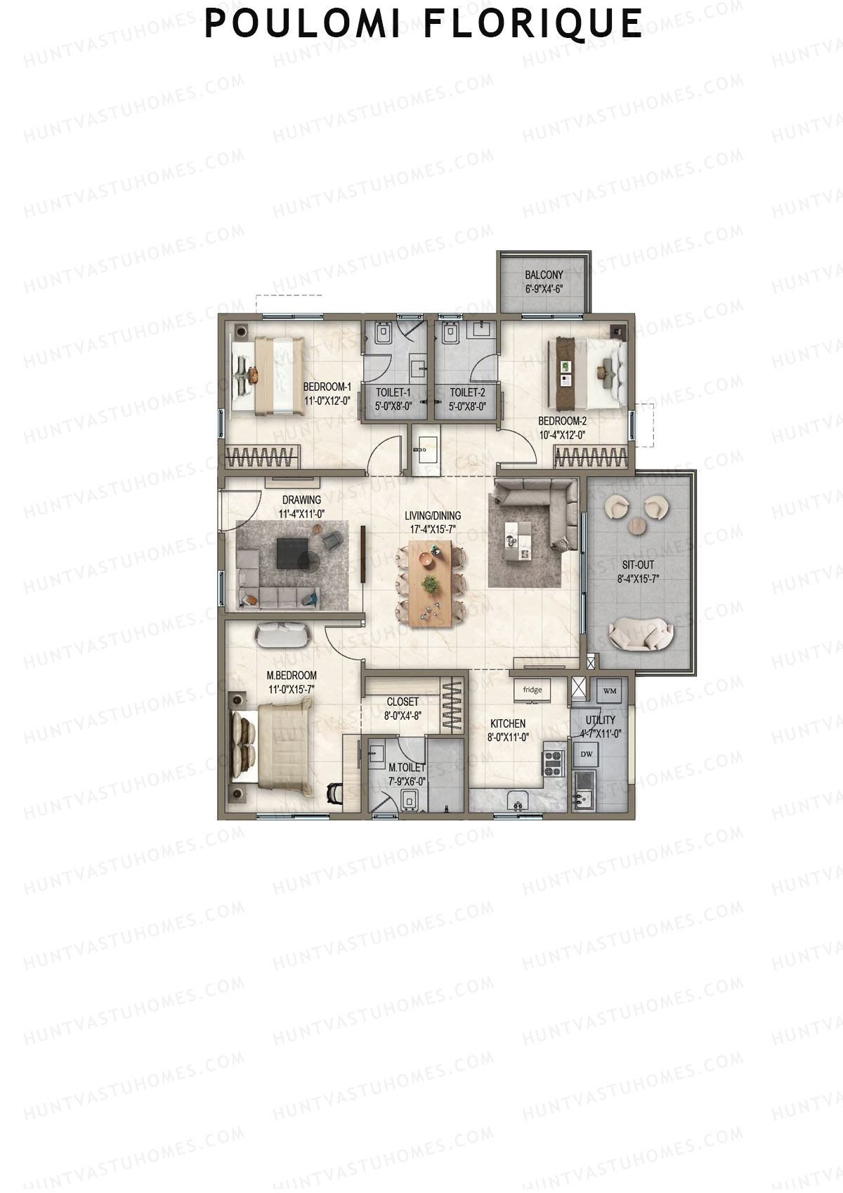 Poulomi Florique, Block C, Unit 2, 3BHK, Super Area 2000   sq ft 