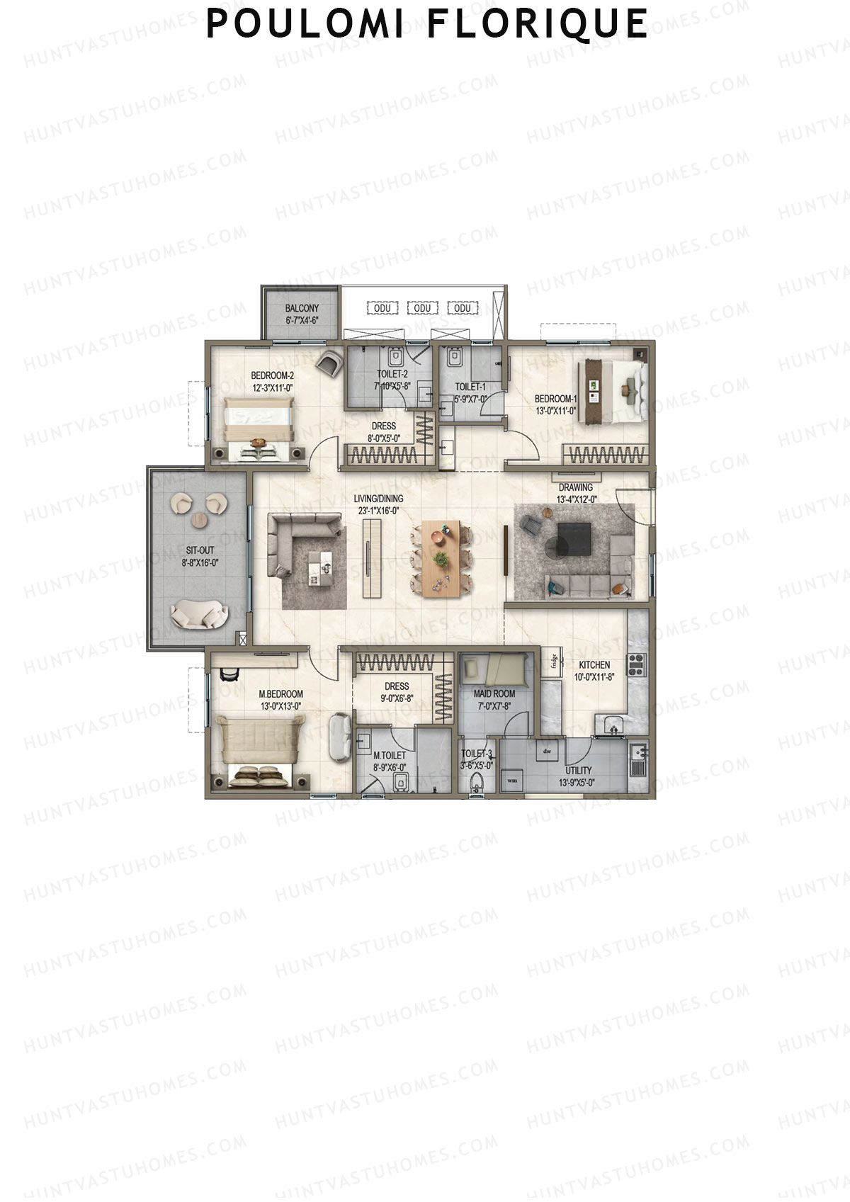 Poulomi Florique, Block D, Unit 1, 3BHK, Super Area 2535   sq ft 