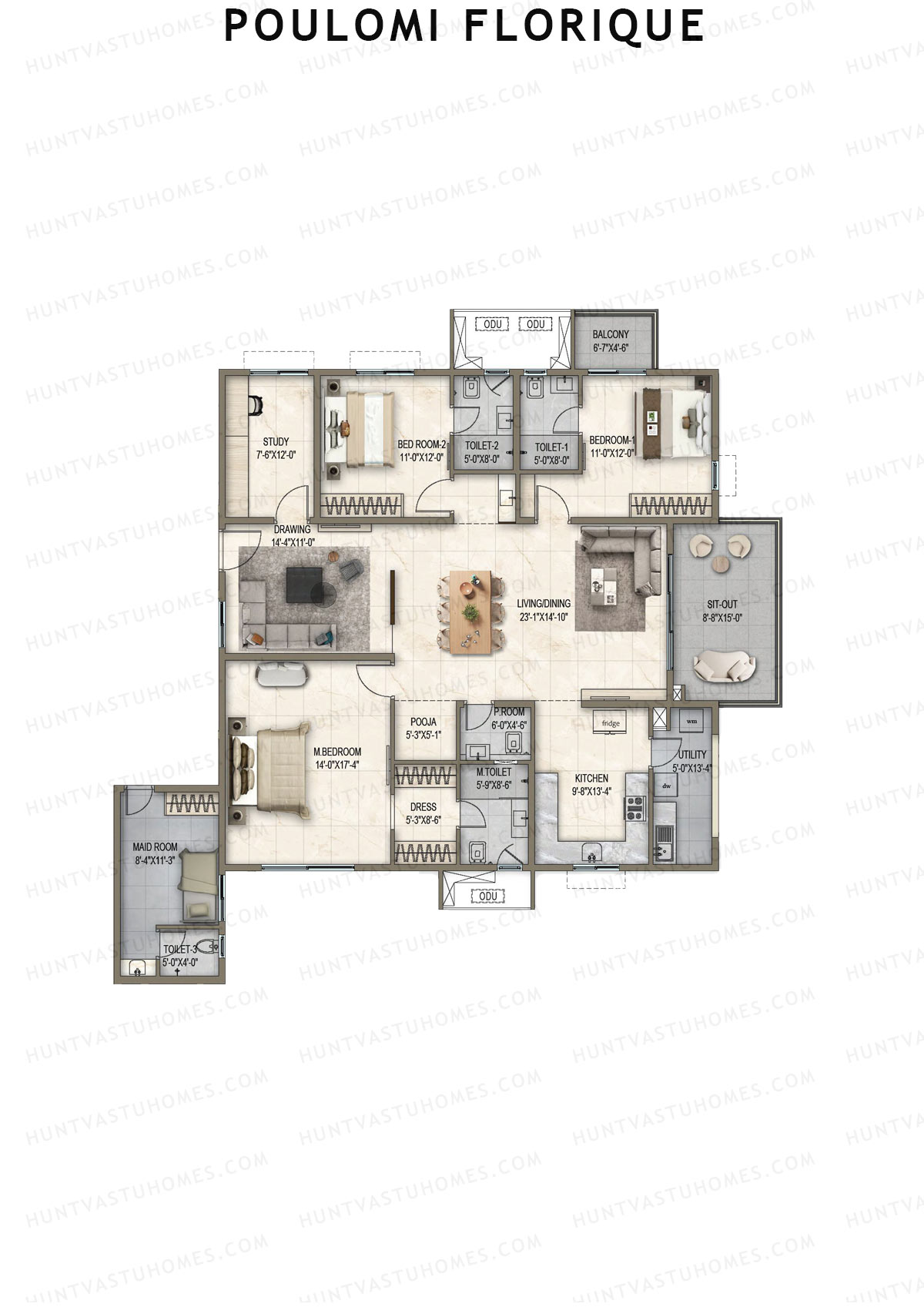 Poulomi Florique, Block D, Unit 2, 3BHK, Super Area 2740   sq ft 