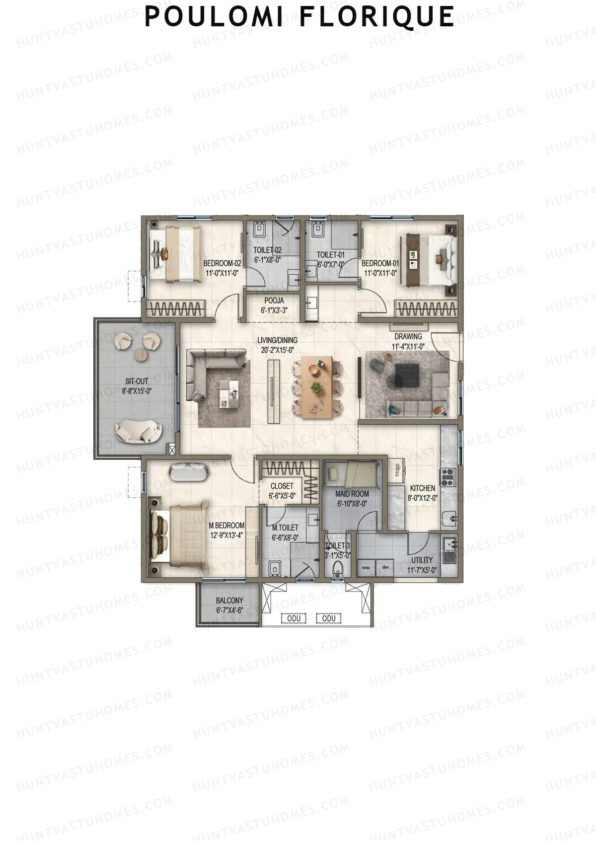 Poulomi Florique, Block D, Unit 5, 3BHK, Super Area 2210   sq ft 