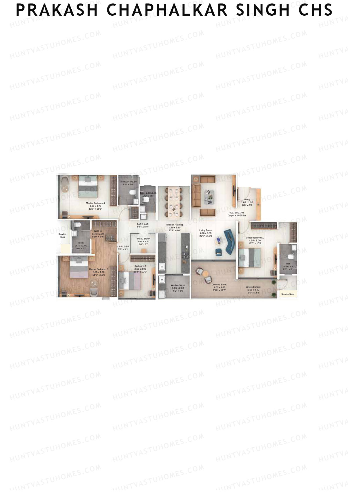 Prakash Chaphalkar Singh CHS, Prakash, Unit 1, 4BHK, Carpet Area 1855   sq ft 