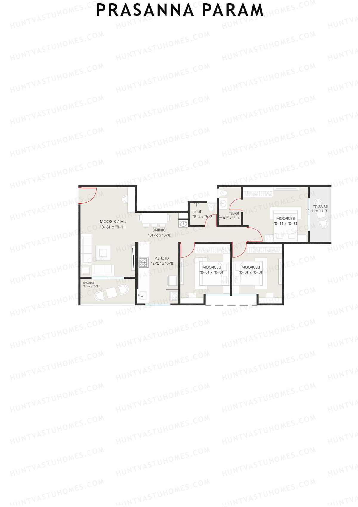 Prasanna Param, Param, Unit 5, 3BHK, Carpet Area 956   sq ft 