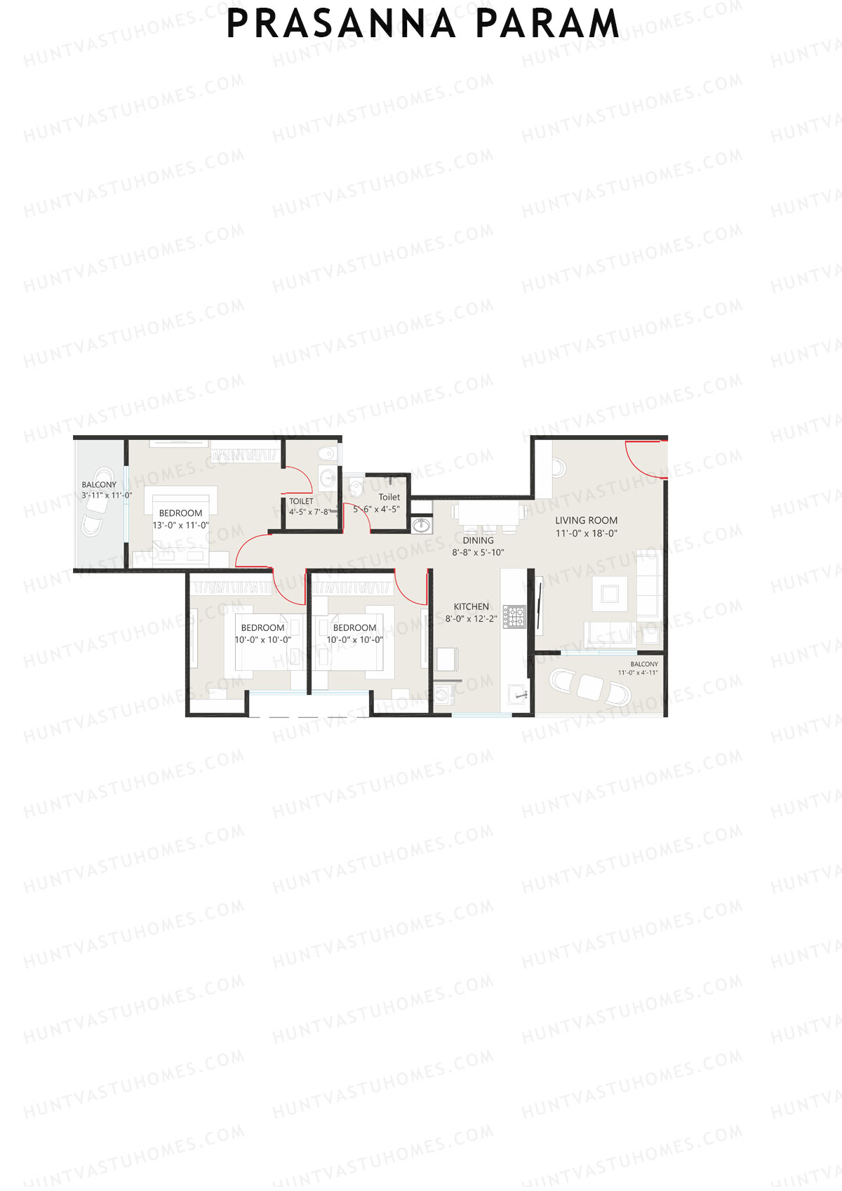 Prasanna Param, Param, Unit 8, 3BHK, Carpet Area 956   sq ft 