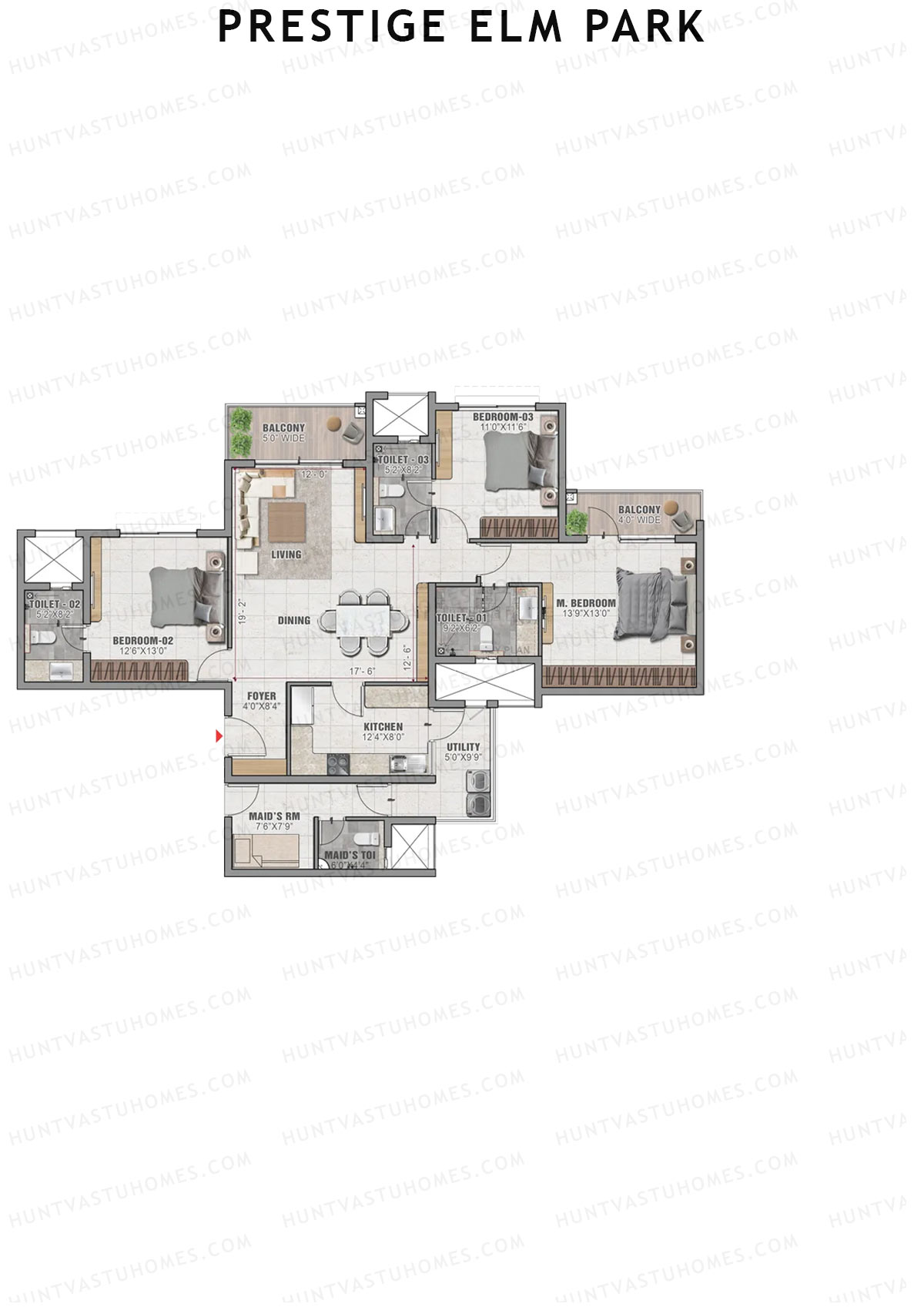 Prestige Elm Park Tower 1 Unit 1 (Type C) Floor Plan