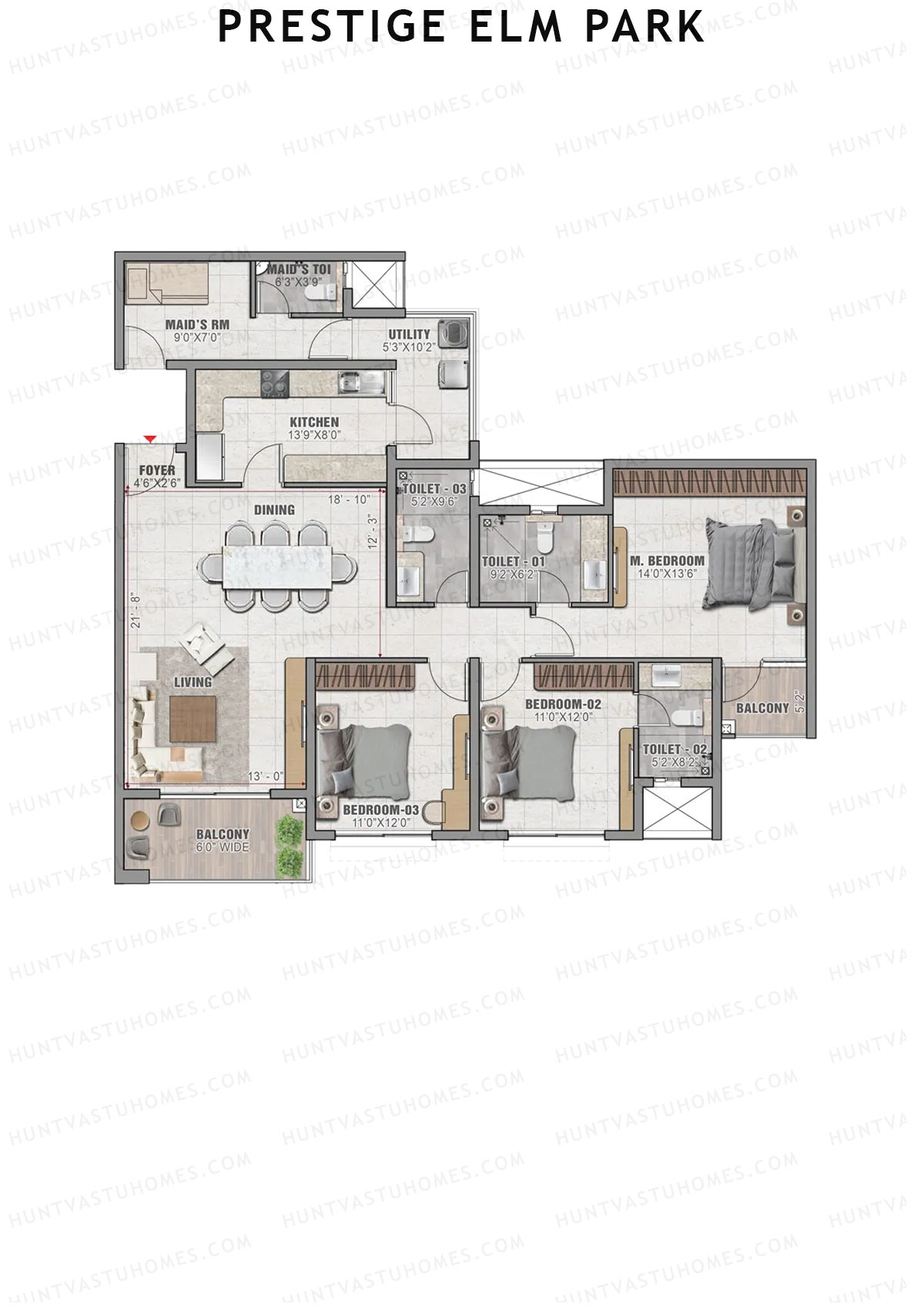 Prestige Elm Park Tower 1 Unit 2 (Type E1) Floor Plan