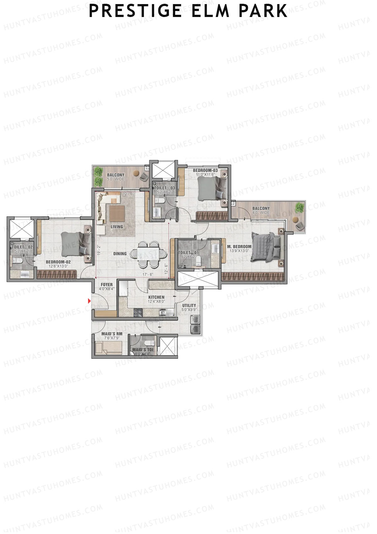 Prestige Elm Park Tower 3 Unit 1 (Type D) Floor Plan
