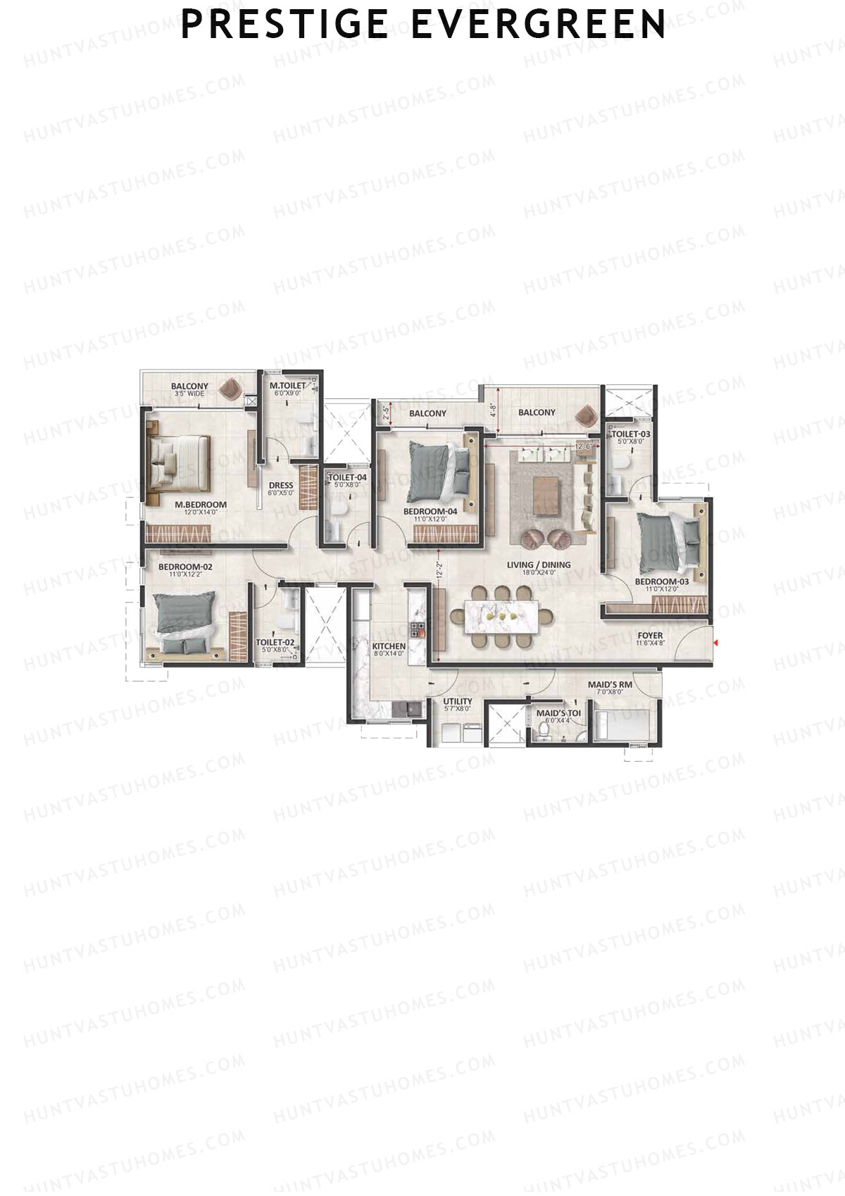 Prestige Evergreen, Tower 10, Unit 1 (Type H4), 4BHK, Super Area 2508   sq ft 