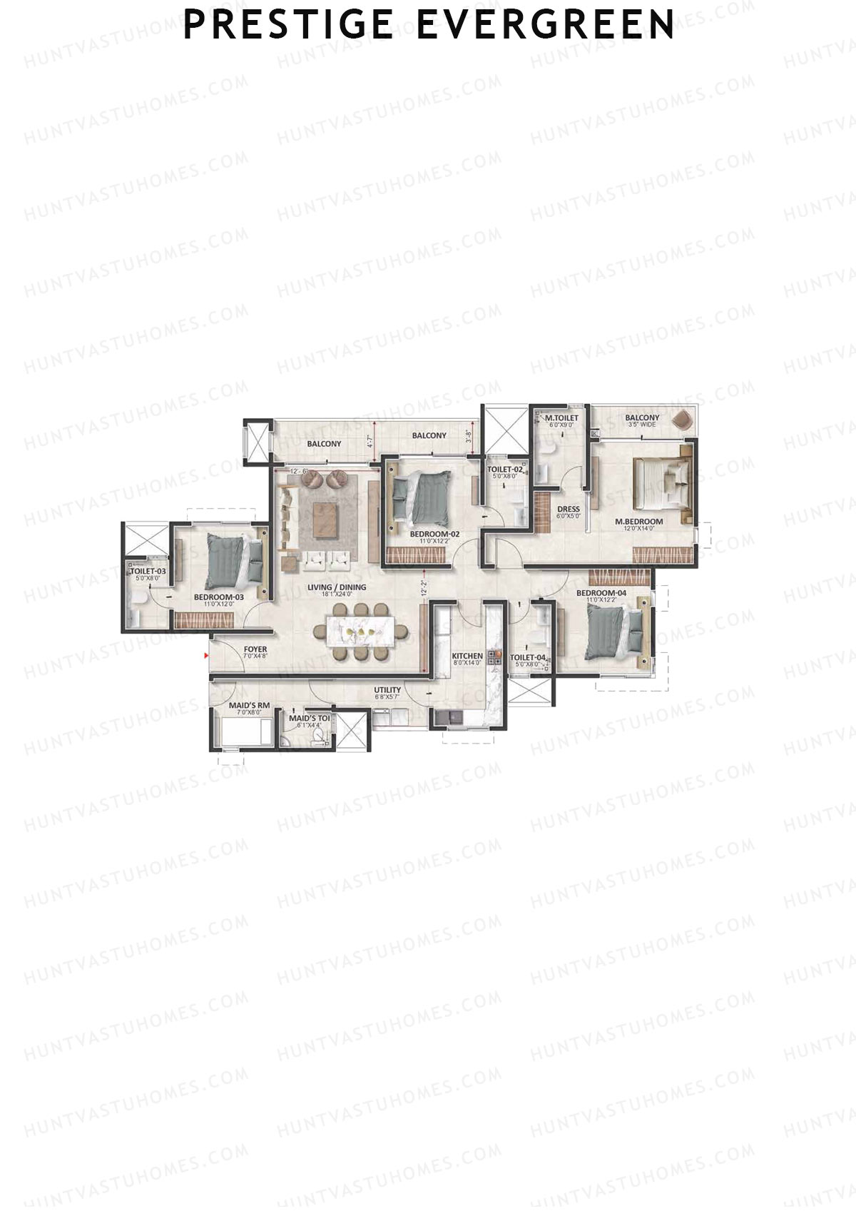 Prestige Evergreen, Tower 10, Unit 2 (Type H2), 4BHK, Super Area 2495   sq ft 