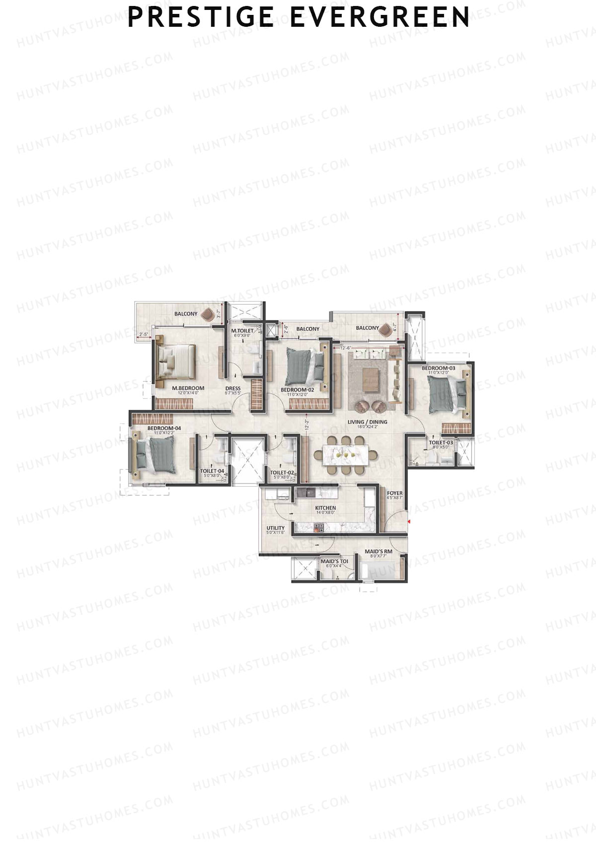Prestige Evergreen, Tower 10, Unit 6 (Type H5), 4BHK, Super Area 2513   sq ft 