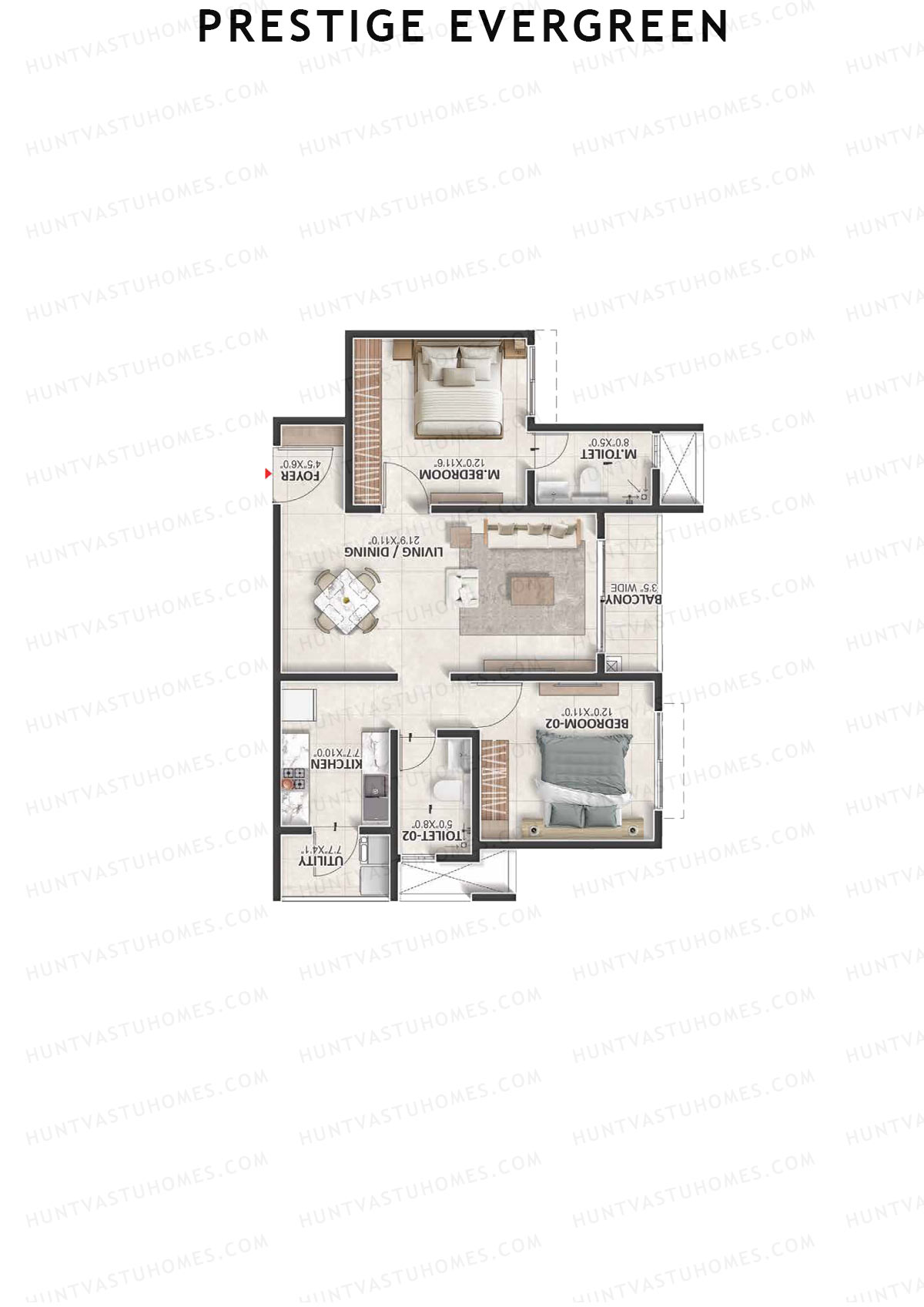 Prestige Evergreen, Tower 11, Unit 4 (Type B2), 2BHK, Super Area 1174   sq ft 