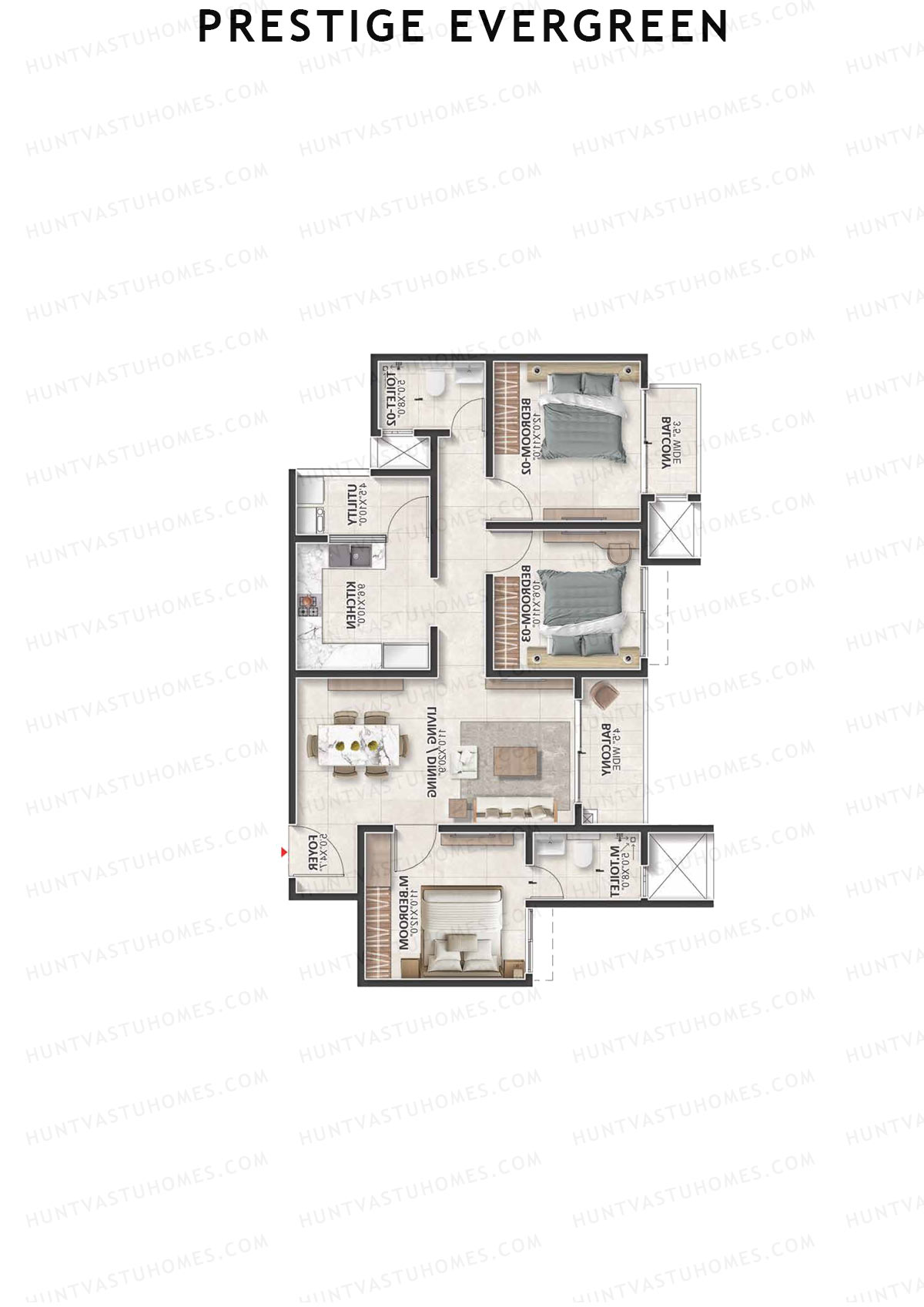Prestige Evergreen, Tower 11, Unit 5 (Type C2), 3BHK, Super Area 1486   sq ft 