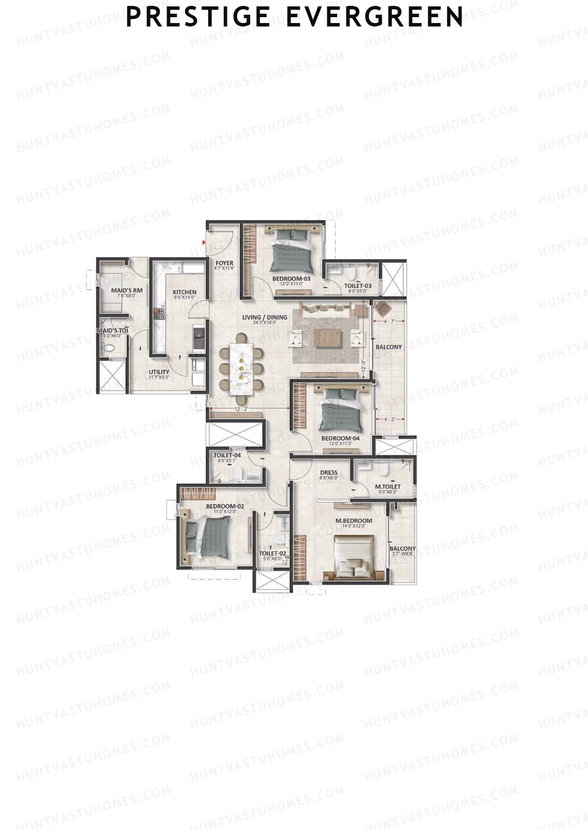 Prestige Evergreen, Tower 11, Unit 6 (Type H1), 4BHK, Super Area 2492   sq ft 