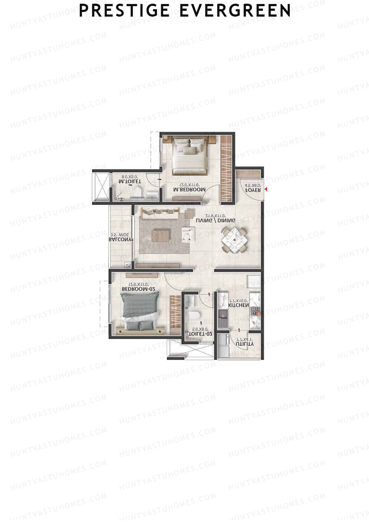 Prestige Evergreen, Tower 12, Unit 1 (Type B2), 2BHK, Super Area 1174   sq ft 