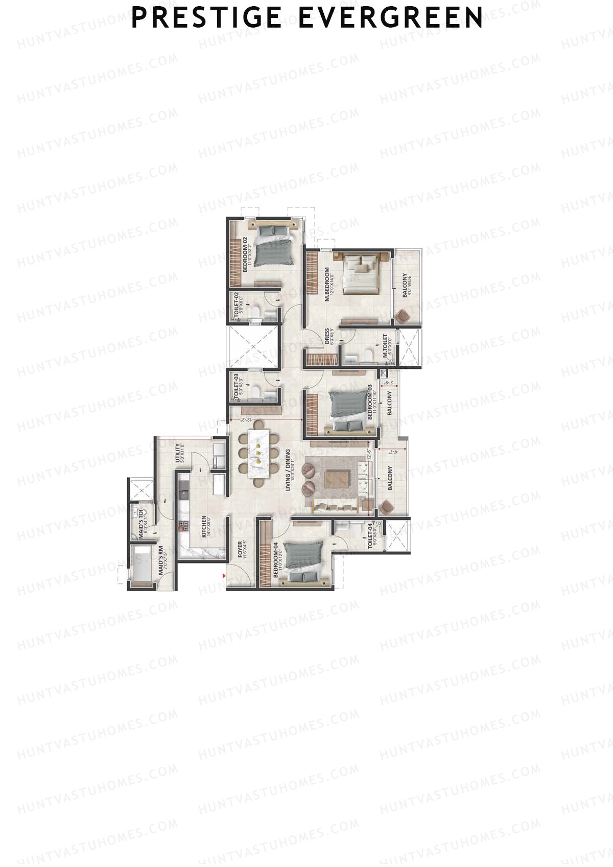 Prestige Evergreen, Tower 12, Unit 5 (Type H6), 4BHK, Super Area 2510   sq ft 