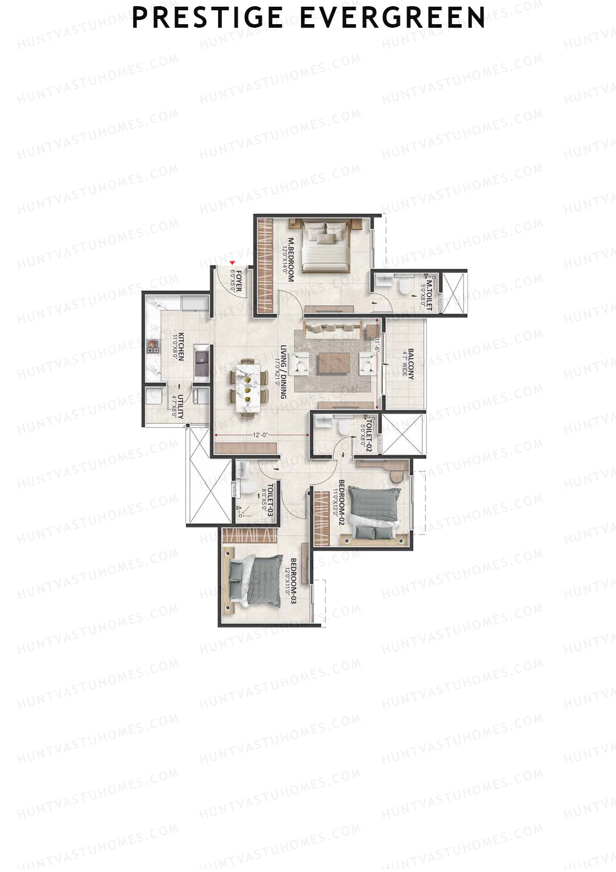 Prestige Evergreen, Tower 12, Unit 6 (Type D1), 3BHK, Super Area 1647   sq ft 