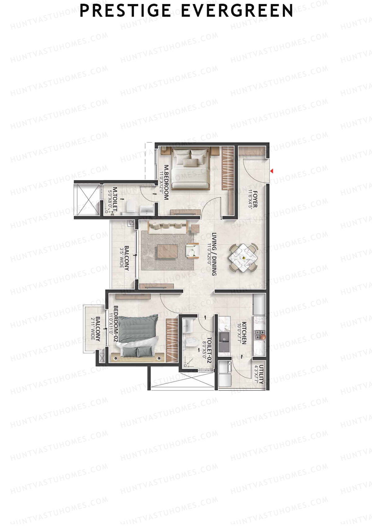 Prestige Evergreen, Tower 13, Unit 1 (Type B3), 2BHK, Super Area 1194   sq ft 