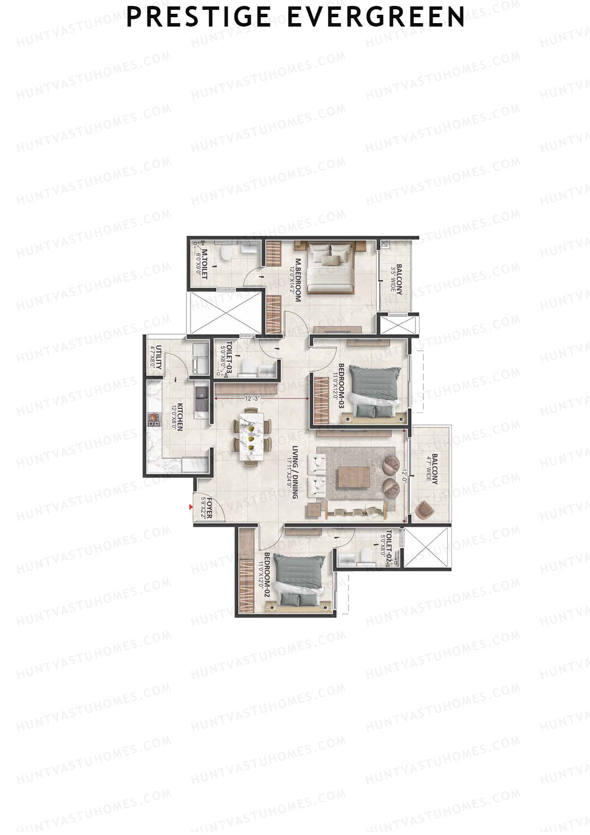 Prestige Evergreen, Tower 13, Unit 3 (Type D4), 3BHK, Super Area 1764   sq ft 