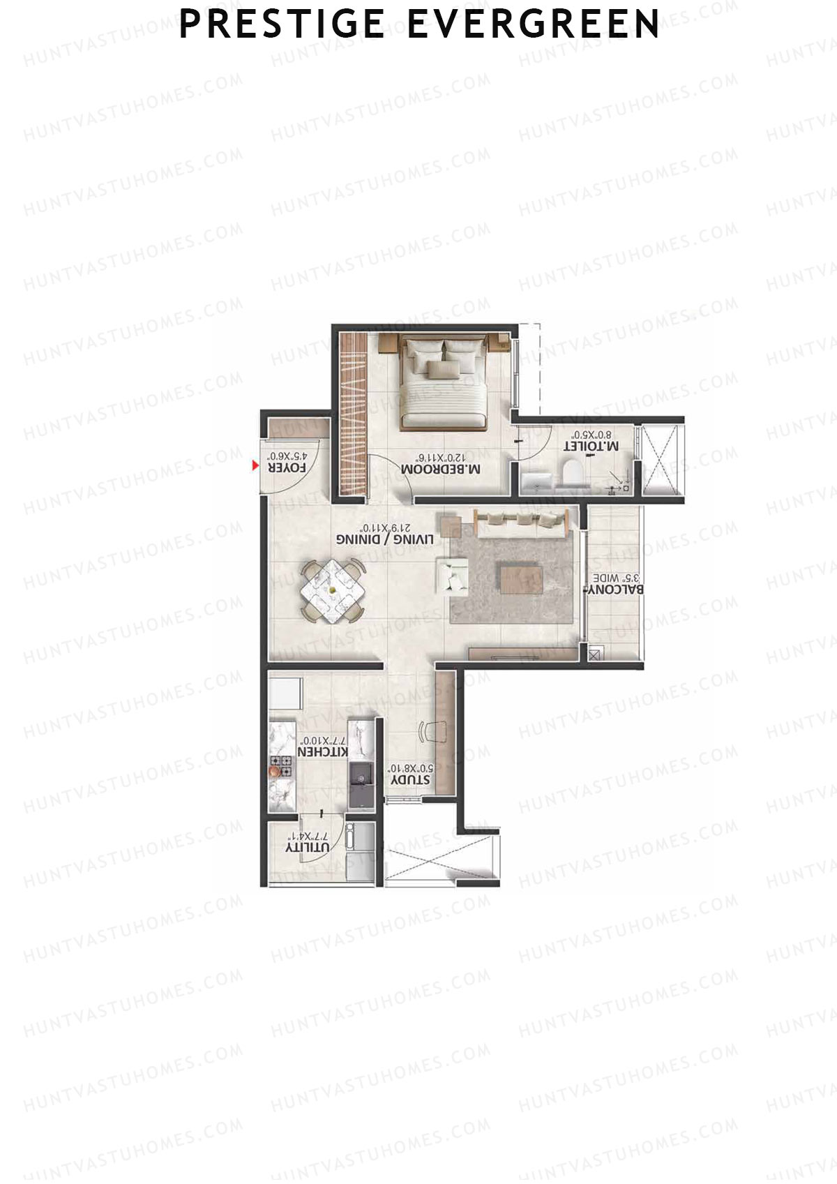 Prestige Evergreen, Tower 13, Unit 4 (Type B2A), 1BHK, Super Area 971   sq ft 