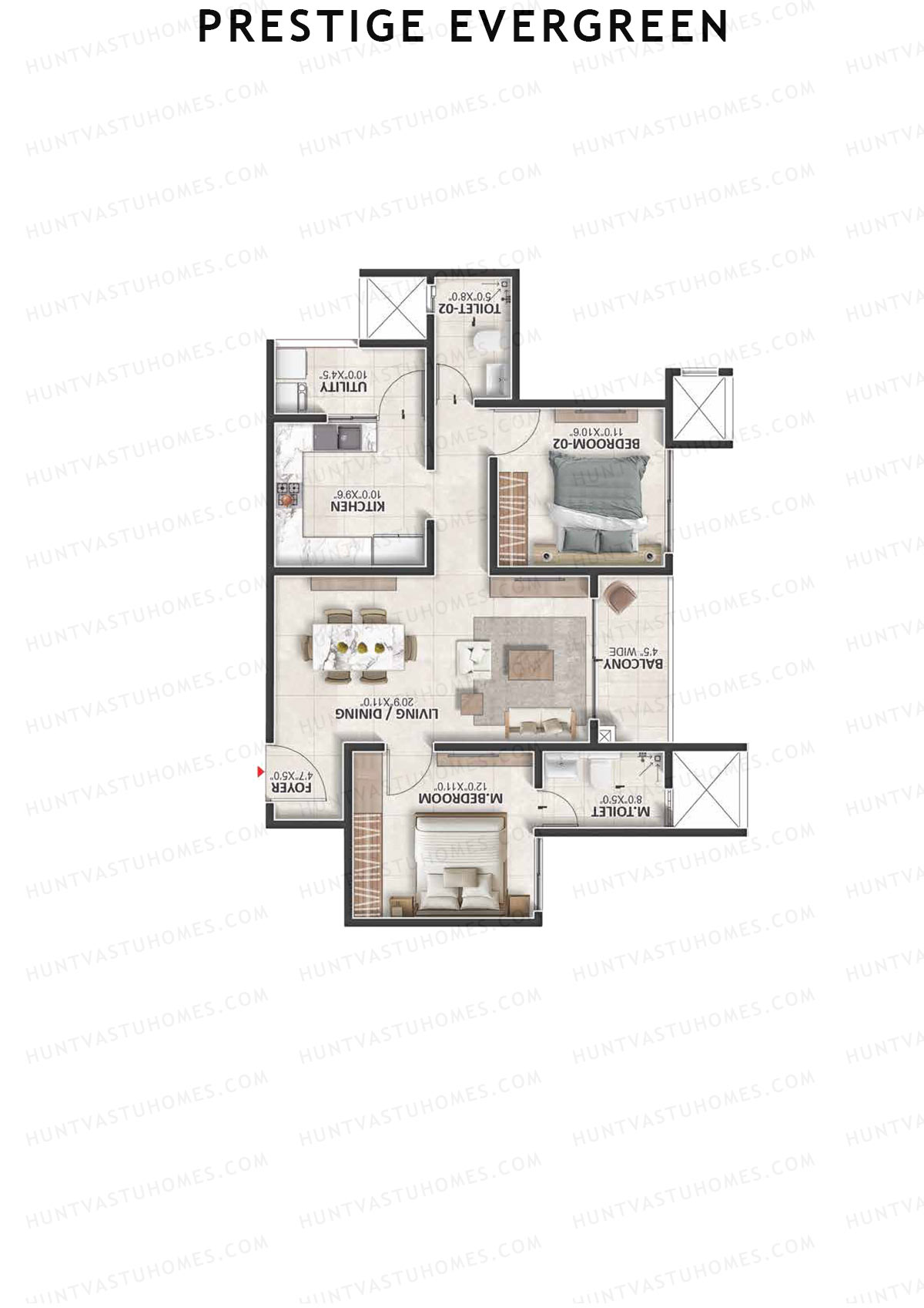 Prestige Evergreen, Tower 13, Unit 5 (Type C2A), 2BHK, Super Area 1222   sq ft 