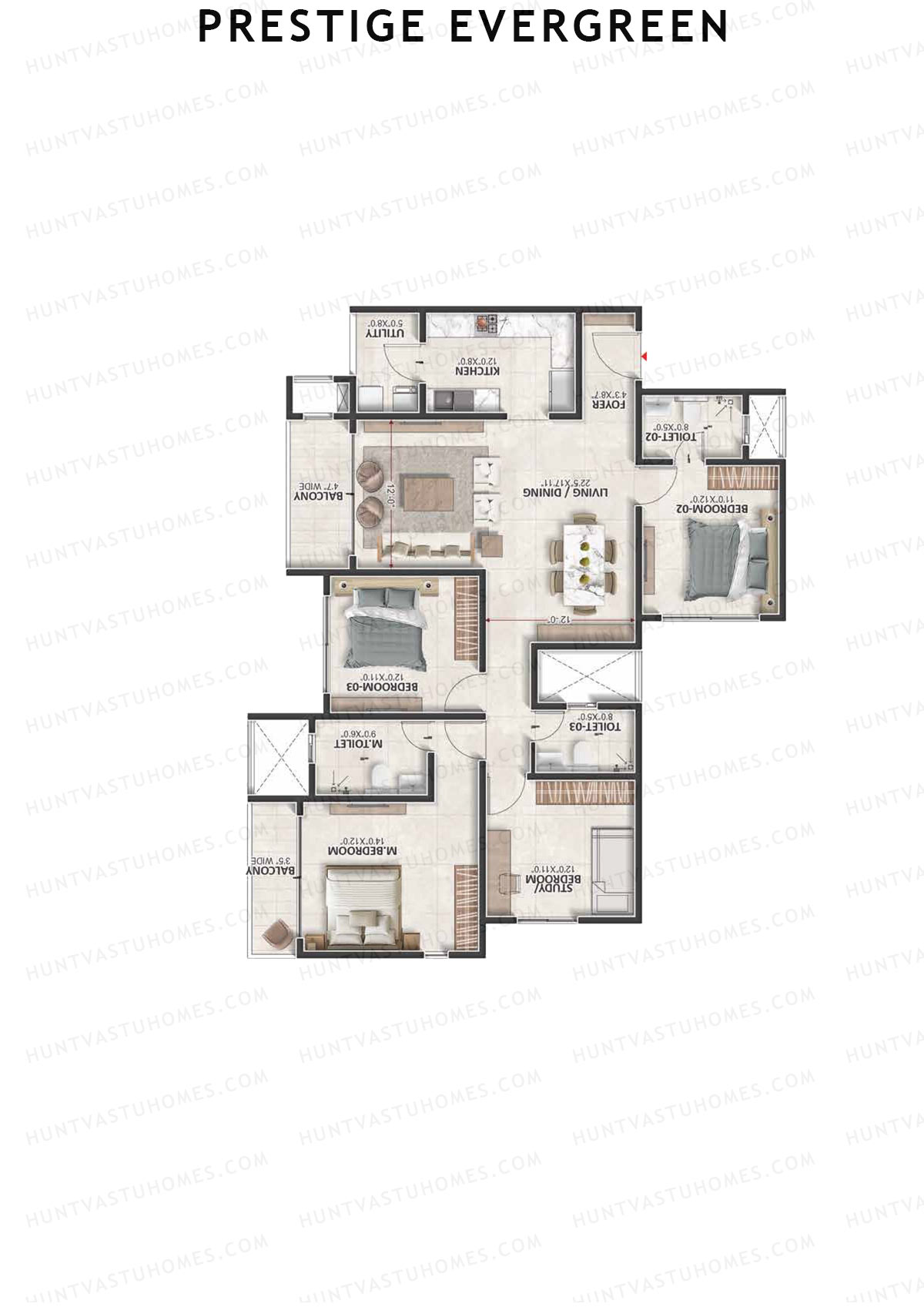 Prestige Evergreen, Tower 13, Unit 7 (Type F3), 3BHK, Super Area 2037   sq ft 