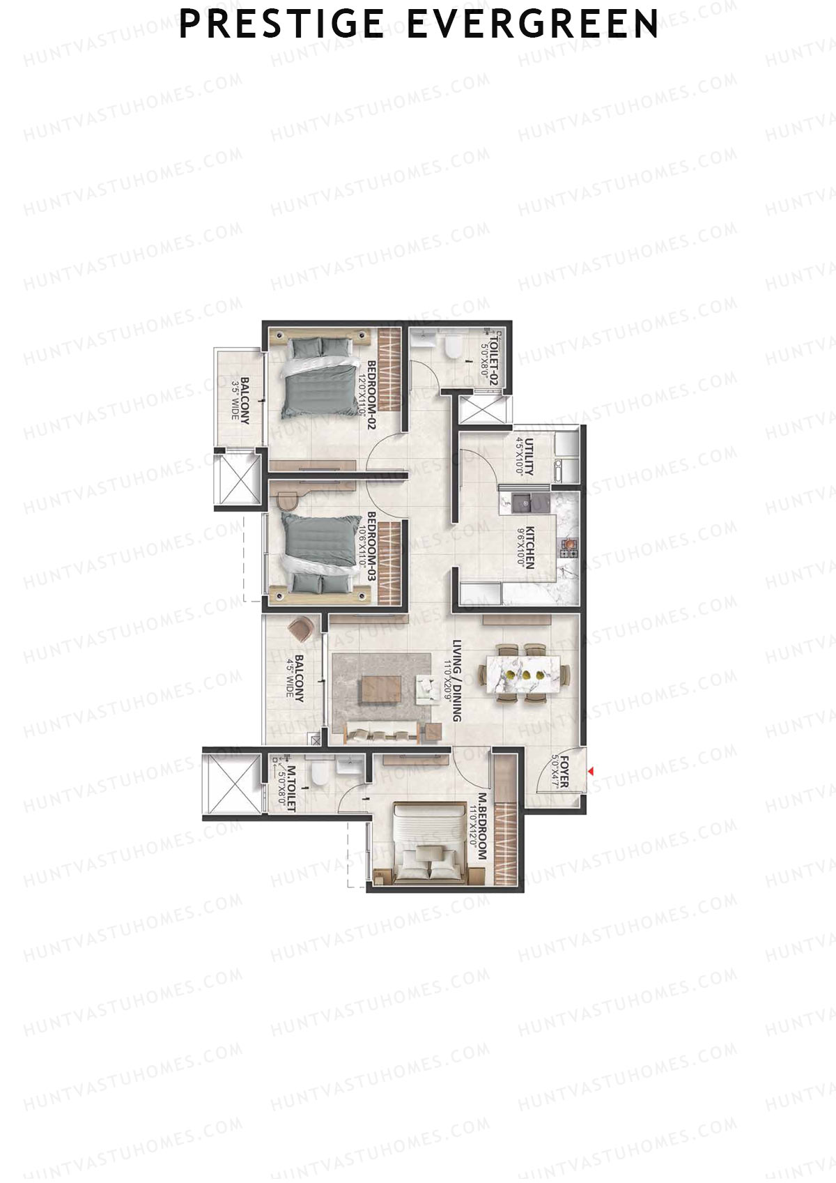 Prestige Evergreen, Tower 13, Unit 8 (Type C2), 3BHK, Super Area 1486   sq ft 