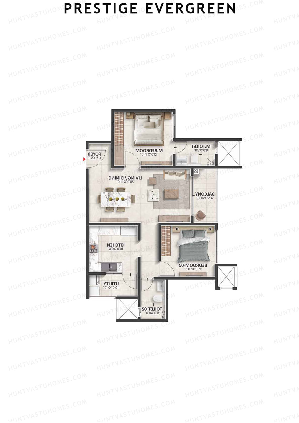 Prestige Evergreen, Tower 14, Unit 4 (Type C2A), 2BHK, Super Area 1222   sq ft 
