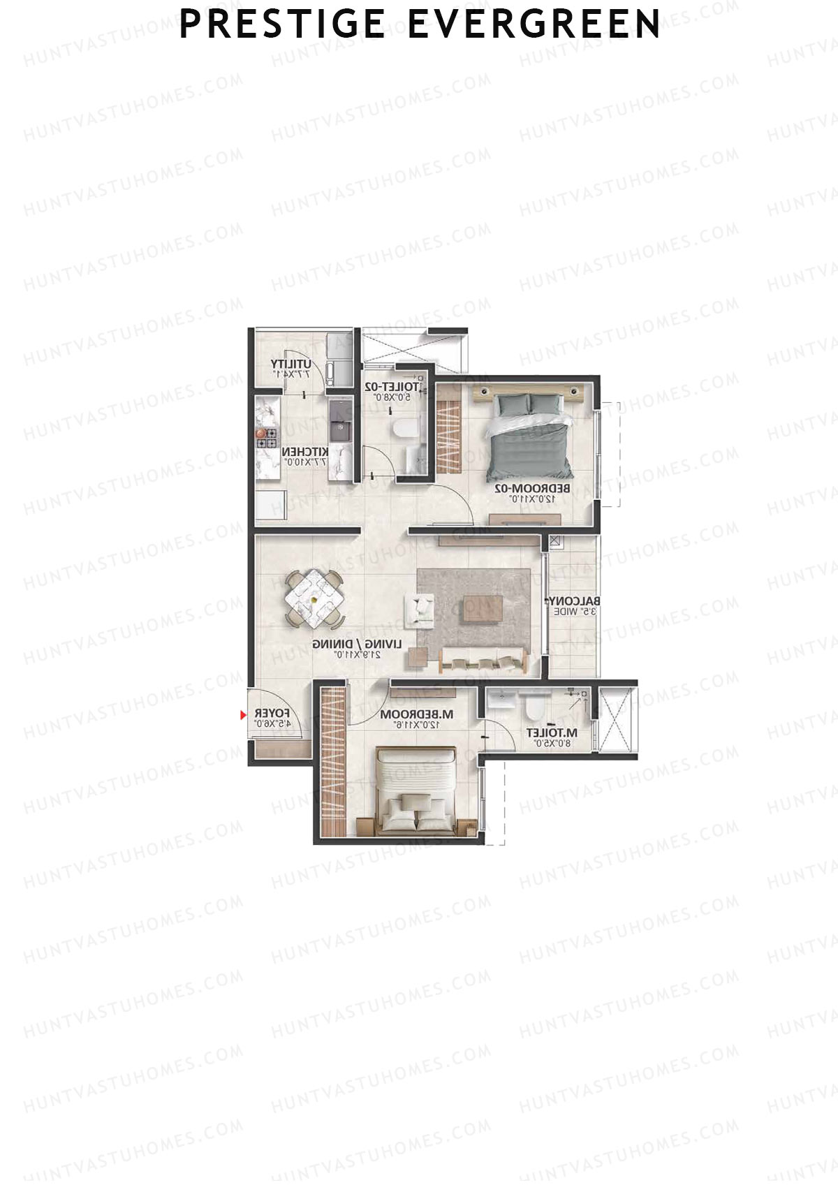 Prestige Evergreen, Tower 14, Unit 5 (Type B2), 2BHK, Super Area 1174   sq ft 