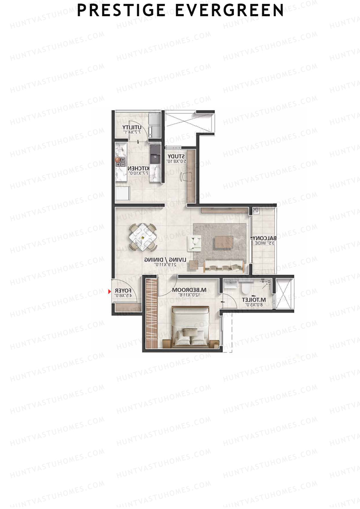 Prestige Evergreen, Tower 14, Unit 5 (Type B2A), 1BHK, Super Area 971   sq ft 