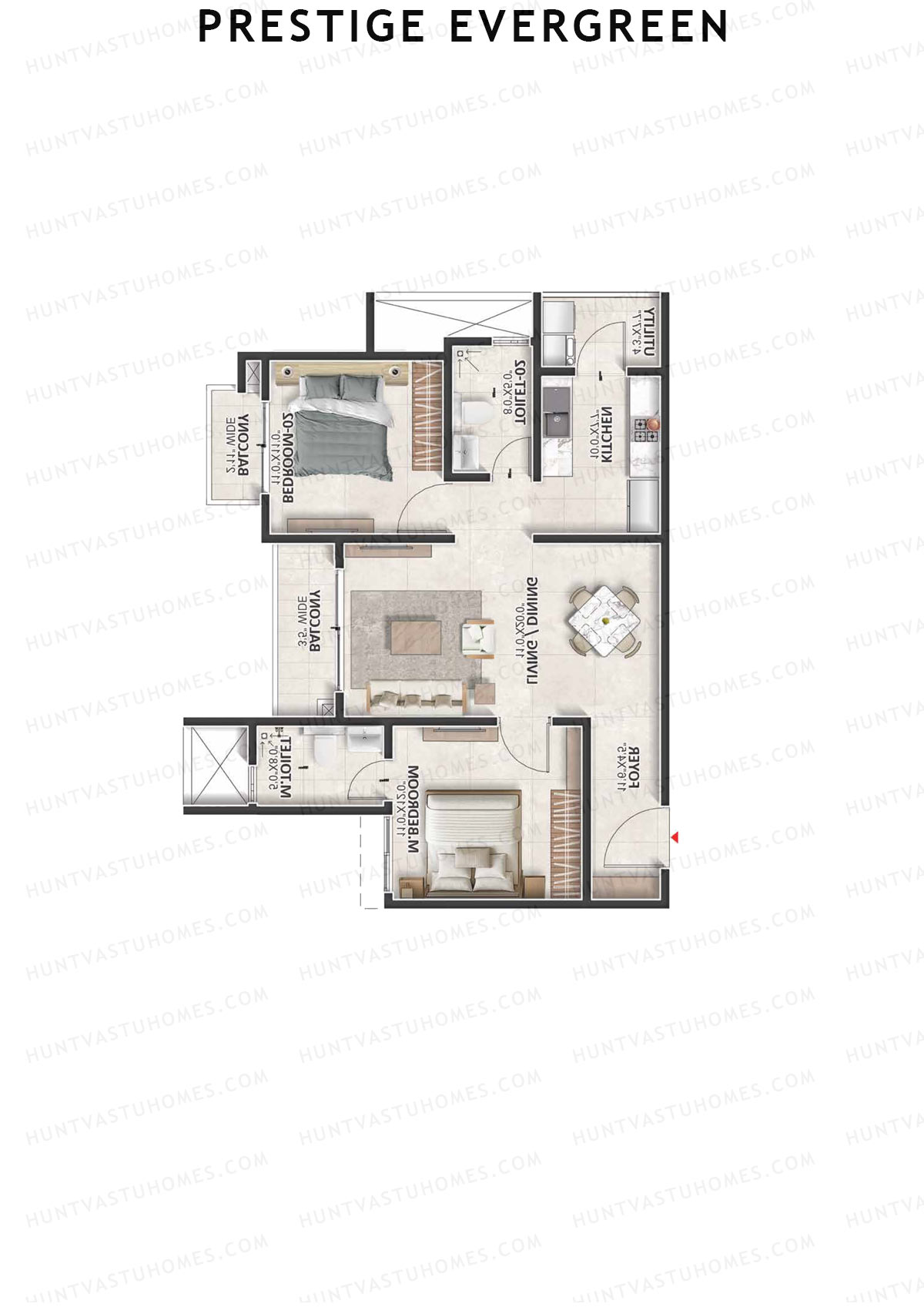 Prestige Evergreen, Tower 14, Unit 8 (Type B3), 2BHK, Super Area 1194   sq ft 