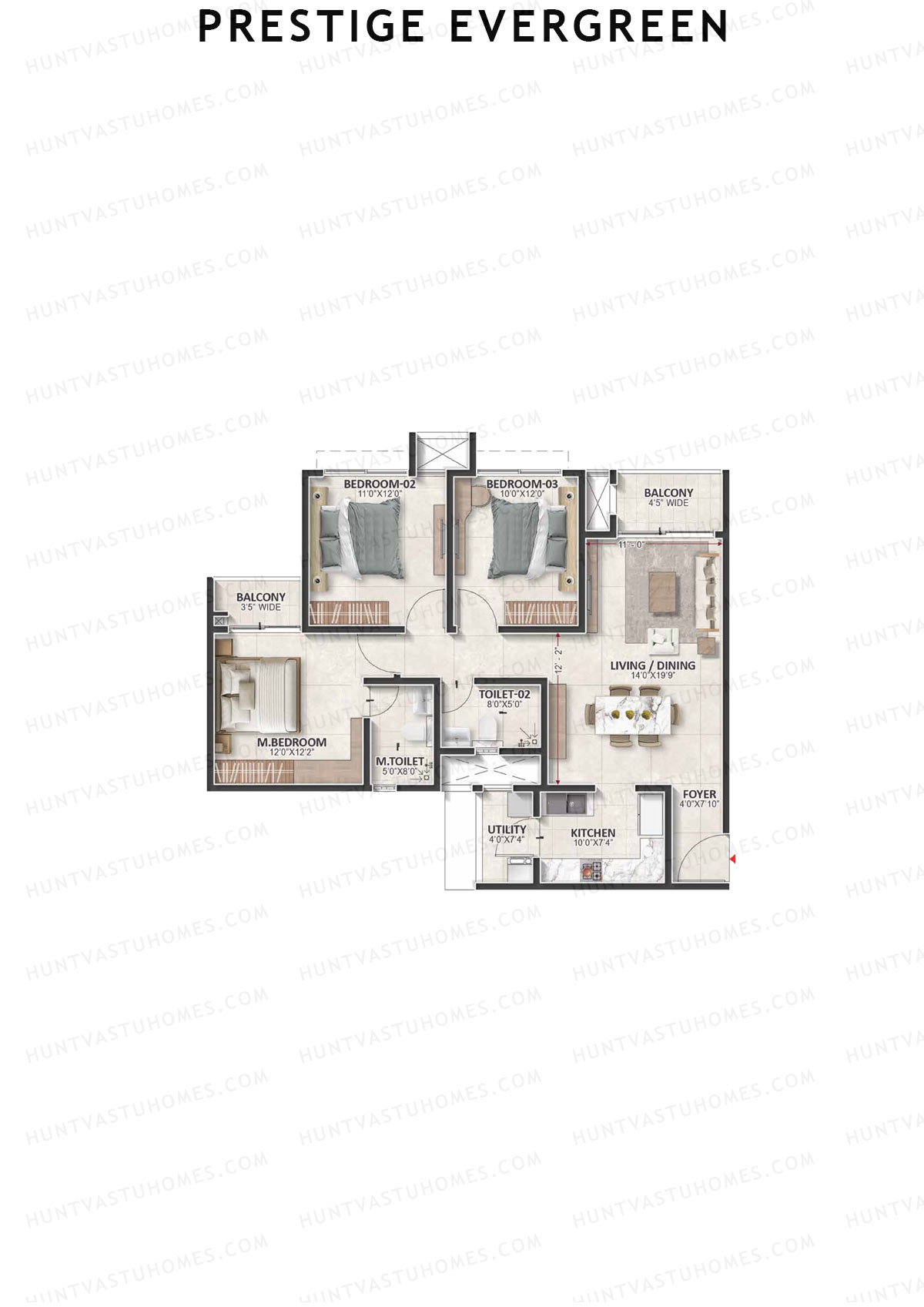 Prestige Evergreen, Tower 1, Unit 1 (Type C1), 3BHK, Super Area 1461   sq ft 