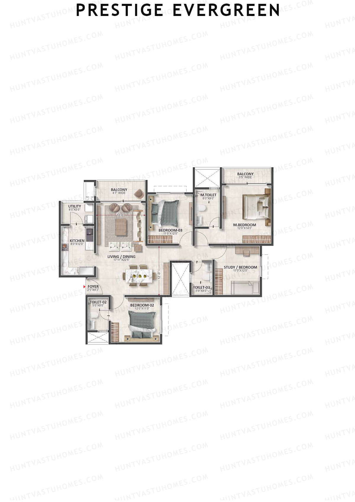 Prestige Evergreen, Tower 1, Unit 2 (Type F1), 3BHK, Super Area 1991   sq ft 