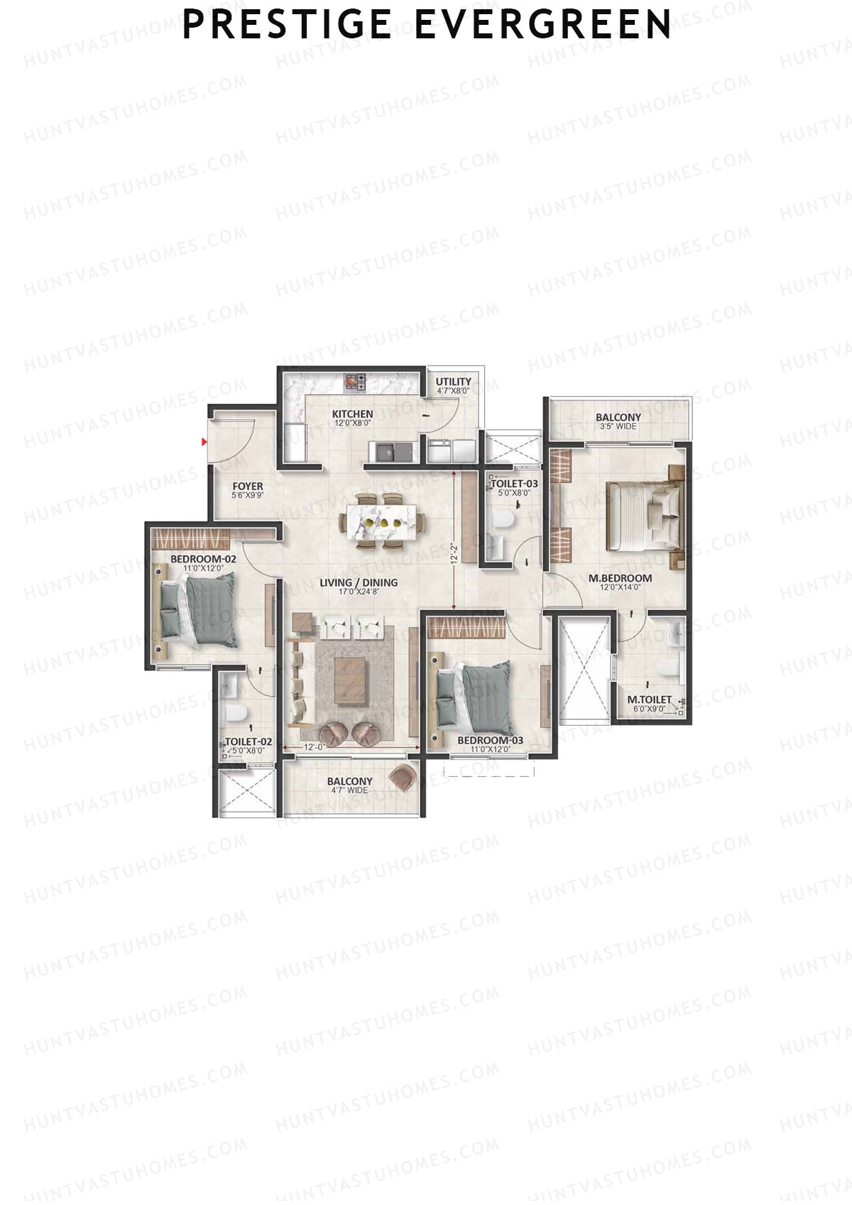 Prestige Evergreen, Tower 1, Unit 3 (Type D9), 3BHK, Super Area 1825   sq ft 