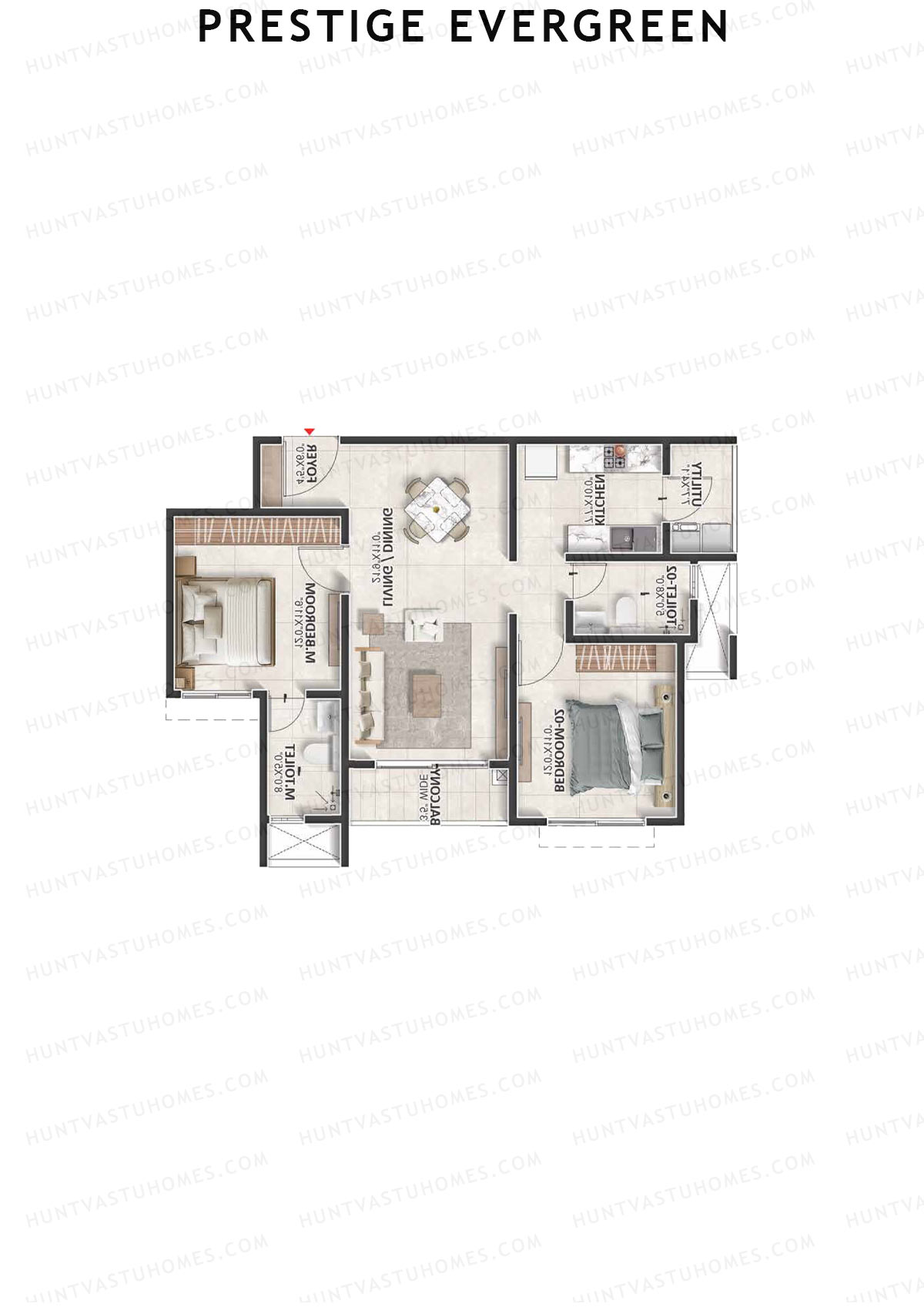 Prestige Evergreen, Tower 1, Unit 5 (Type B2), 2BHK, Super Area 1174   sq ft 