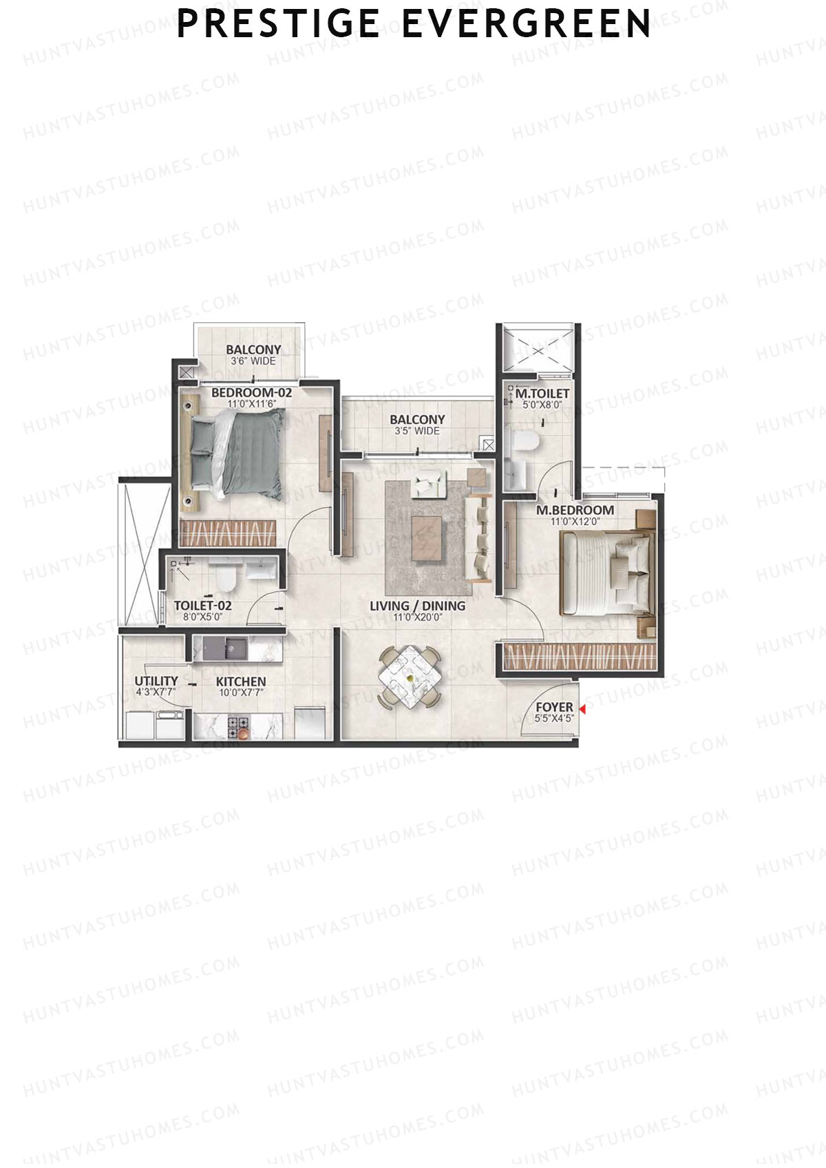Prestige Evergreen, Tower 2, Unit 1 (Type B1), 2BHK, Super Area 1177   sq ft 