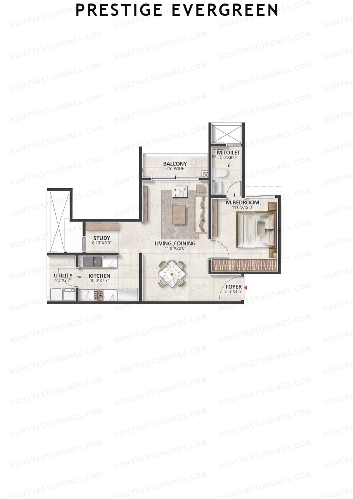 Prestige Evergreen, Tower 2, Unit 1 (Type B1A), 1BHK, Super Area 939   sq ft 