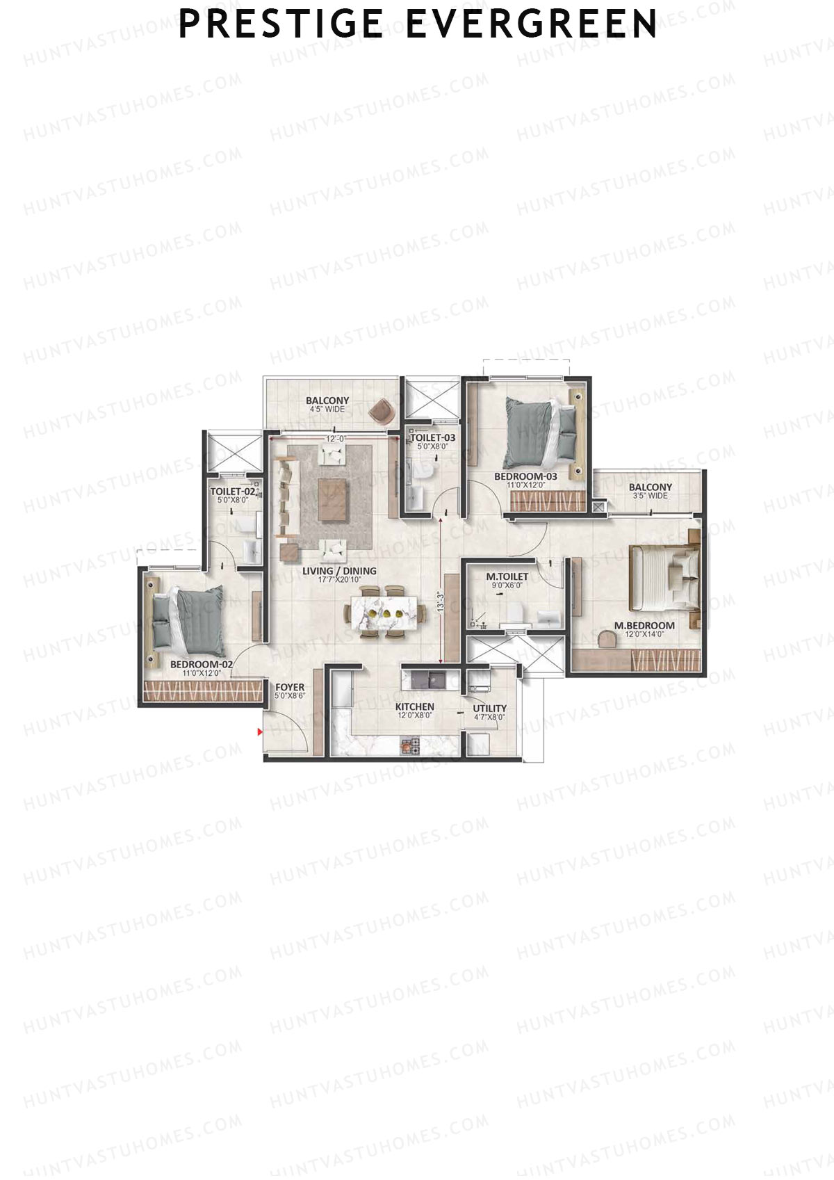 Prestige Evergreen, Tower 2, Unit 2 (Type D5), 3BHK, Super Area 1767   sq ft 