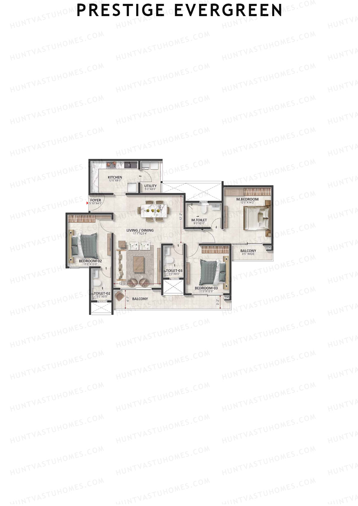 Prestige Evergreen, Tower 2, Unit 3 (Type E1), 3BHK, Super Area 1884   sq ft 