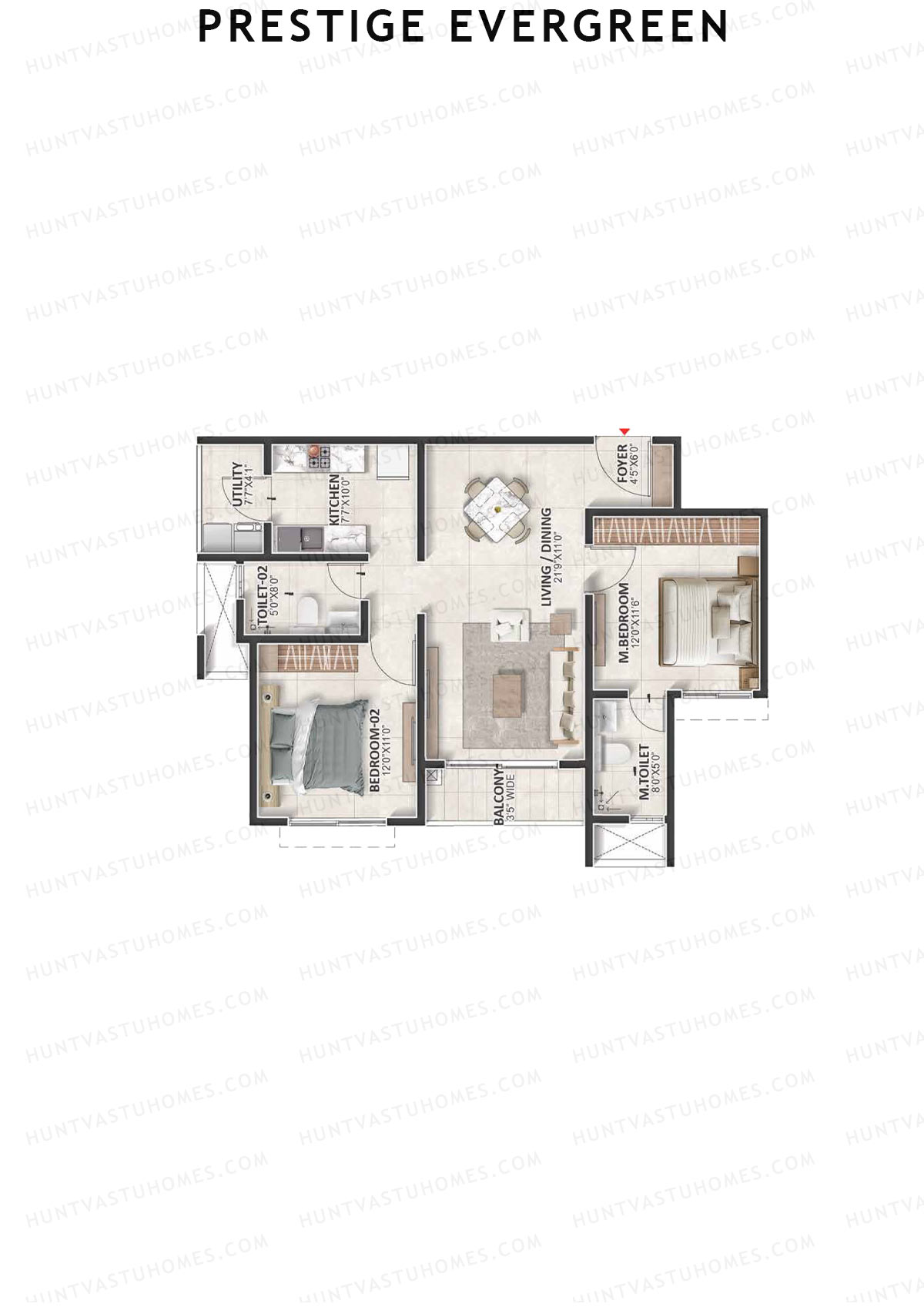 Prestige Evergreen, Tower 2, Unit 4 (Type B2), 2BHK, Super Area 1174   sq ft 