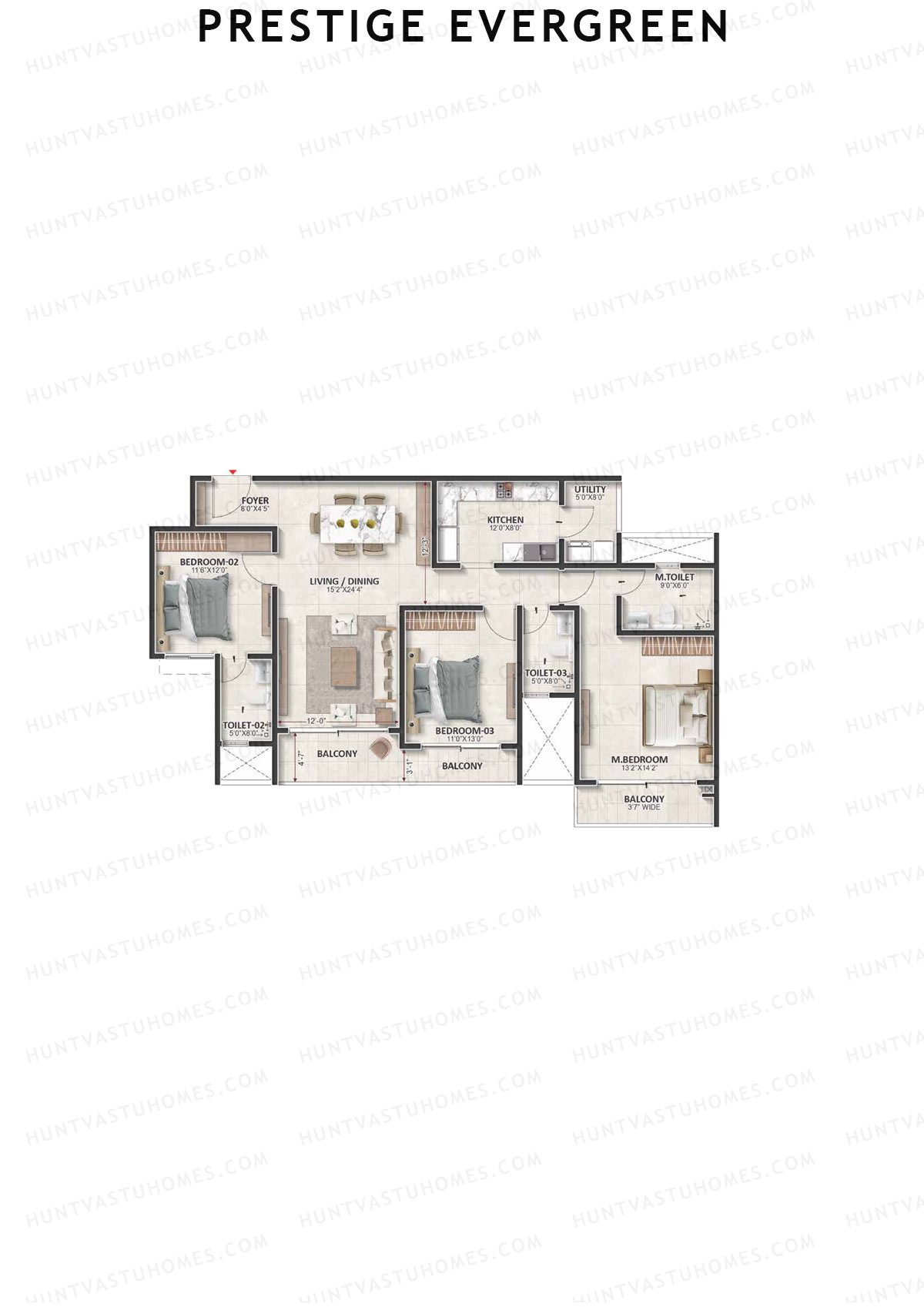 Prestige Evergreen, Tower 2, Unit 5 (Type E4), 3BHK, Super Area 1951   sq ft 