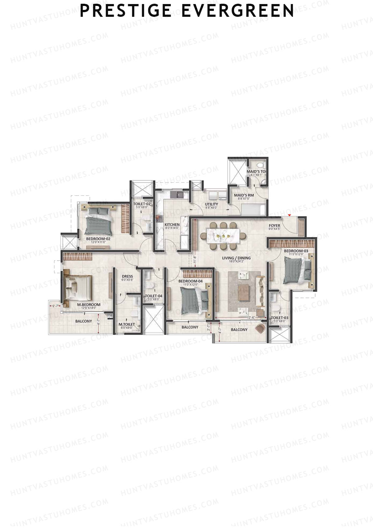 Prestige Evergreen, Tower 2, Unit 6 (Type H3), 4BHK, Super Area 2508   sq ft 