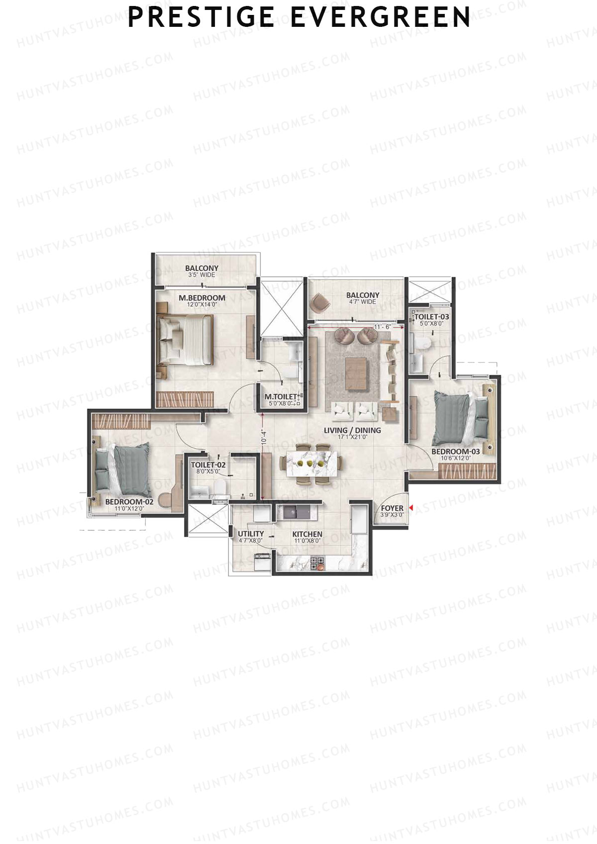 Prestige Evergreen, Tower 2, Unit 7 (Type D2), 3BHK, Super Area 1666   sq ft 