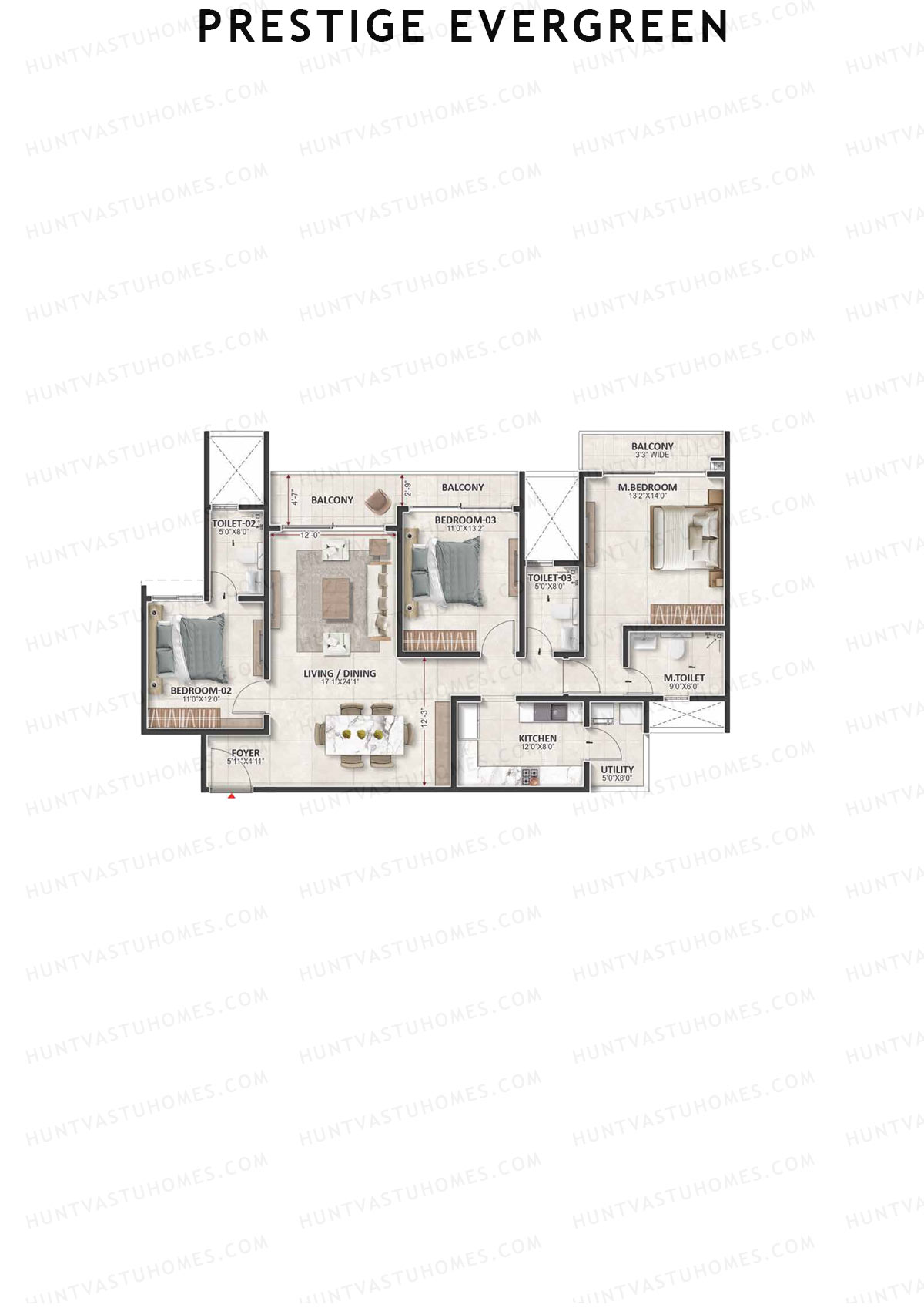 Prestige Evergreen, Tower 2, Unit 8 (Type E3), 3BHK, Super Area 1943   sq ft 